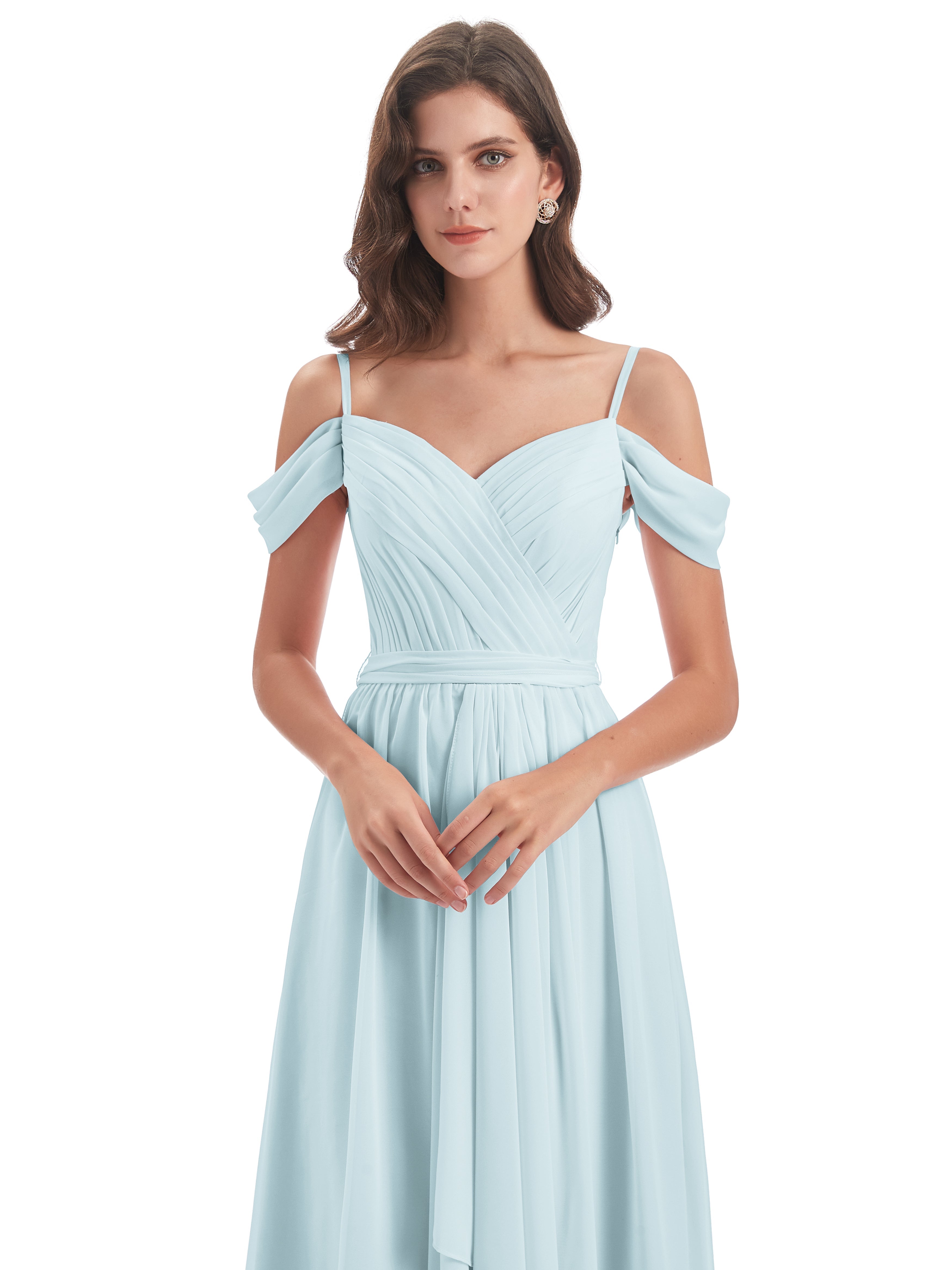Robe De Demoiselle D'Honneur Brume Bretelles Spaghetti Fendue Plis Robes Demoiselle D'Honneur