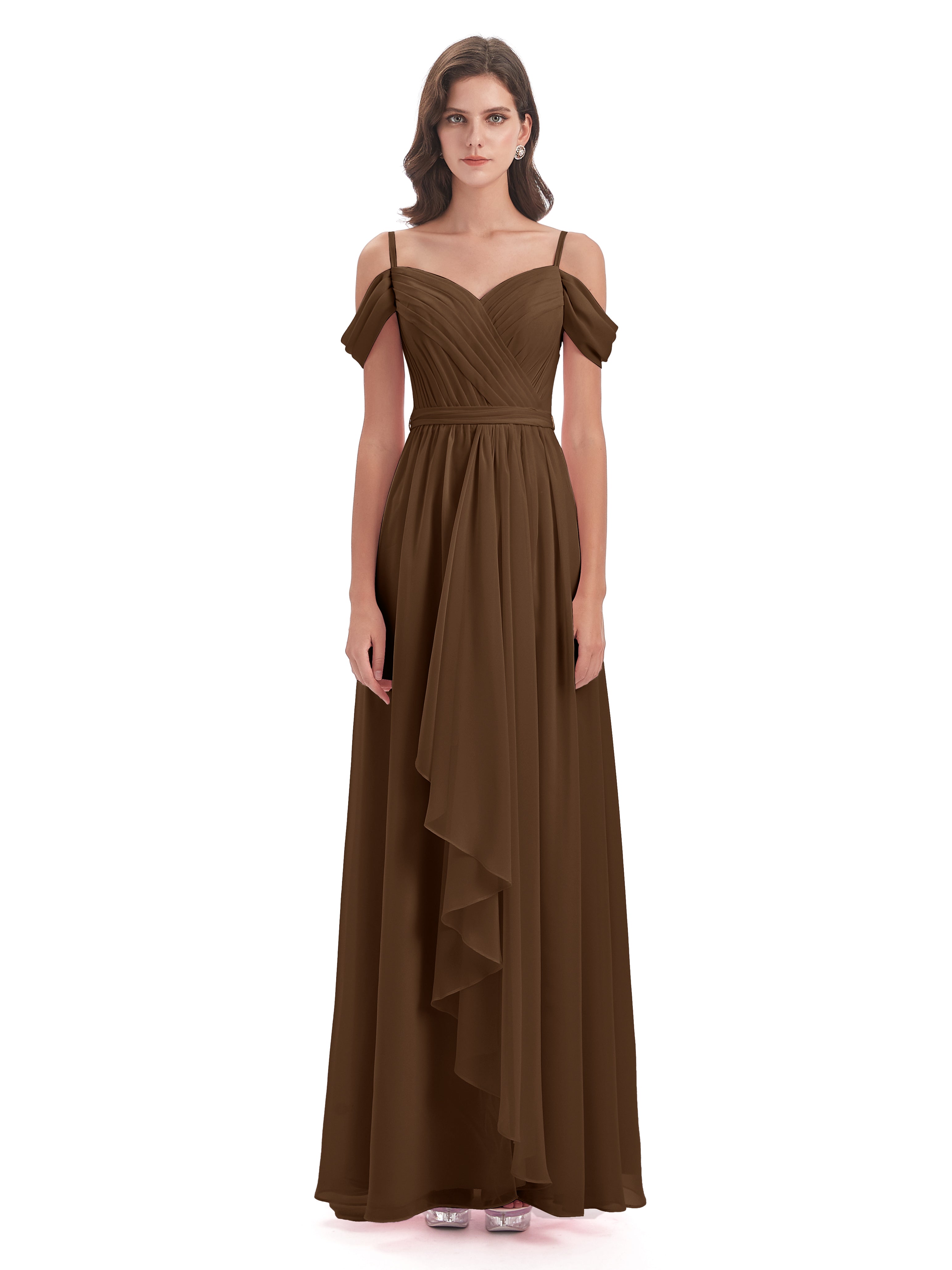Robe Demoiselle D Honneur Brun Bretelles Spaghetti Fendue Plis Robes Demoiselle D'Honneur