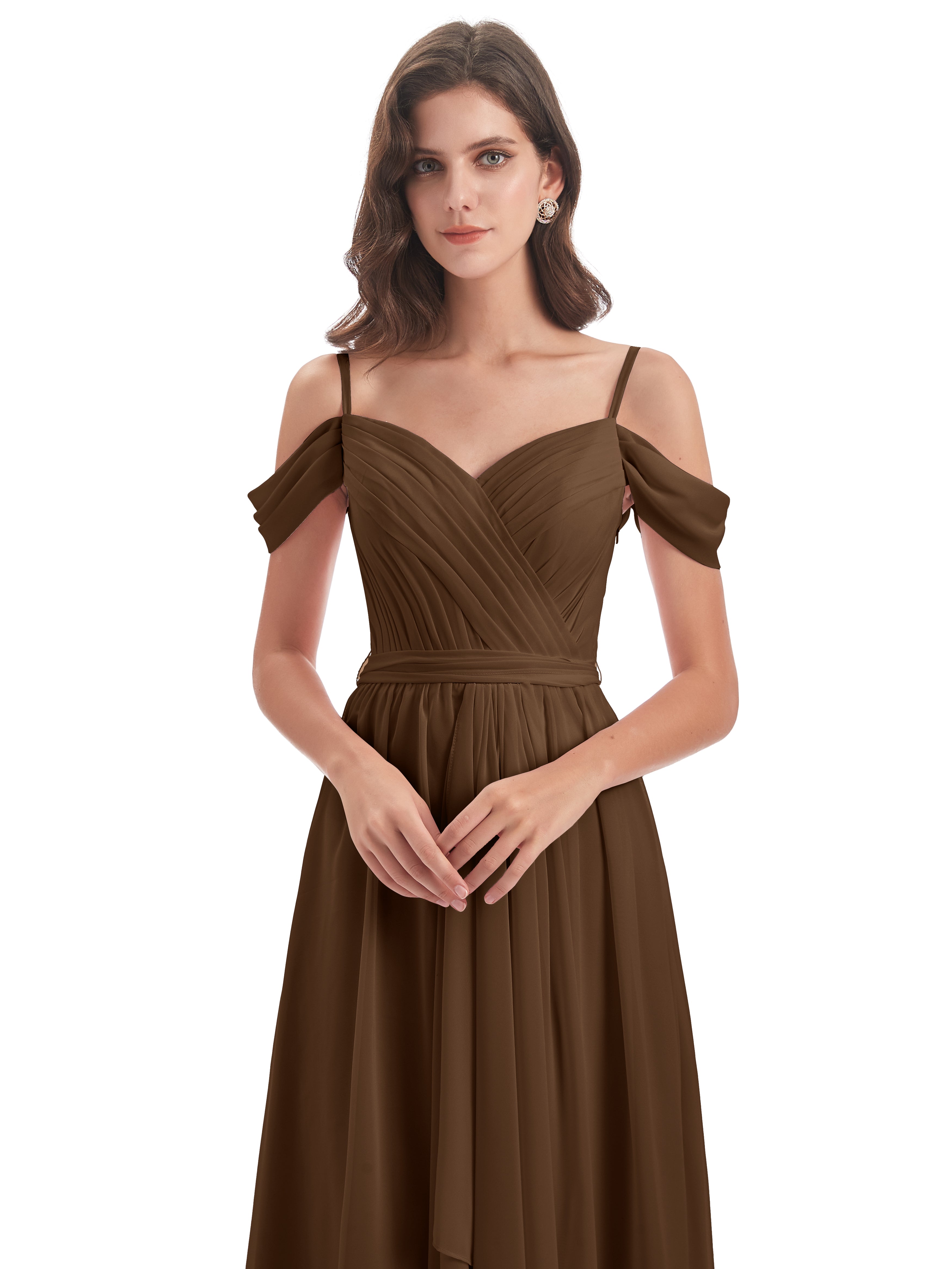 Robe Demoiselle D Honneur Brun Bretelles Spaghetti Fendue Plis Robes Demoiselle D'Honneur