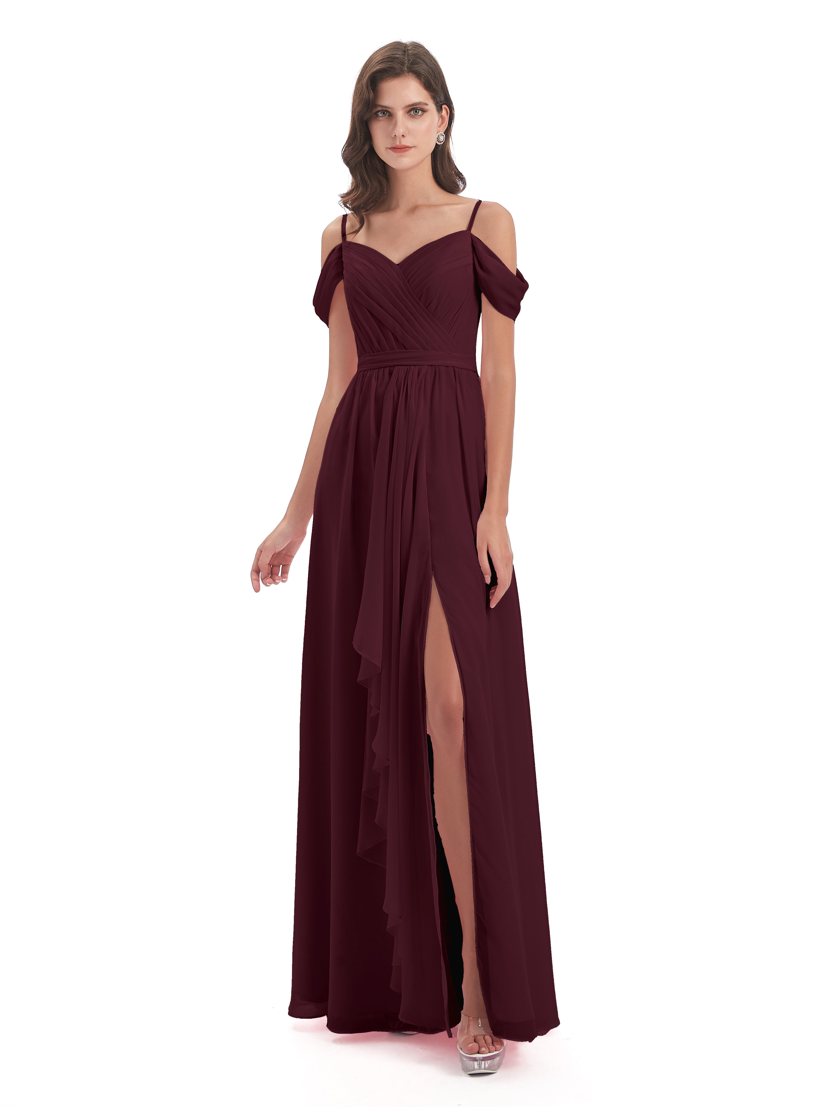 Robes De Demoiselle D'Honneur Cabernet Bretelles Spaghetti Fendue Plis Robes Demoiselle D'Honneur