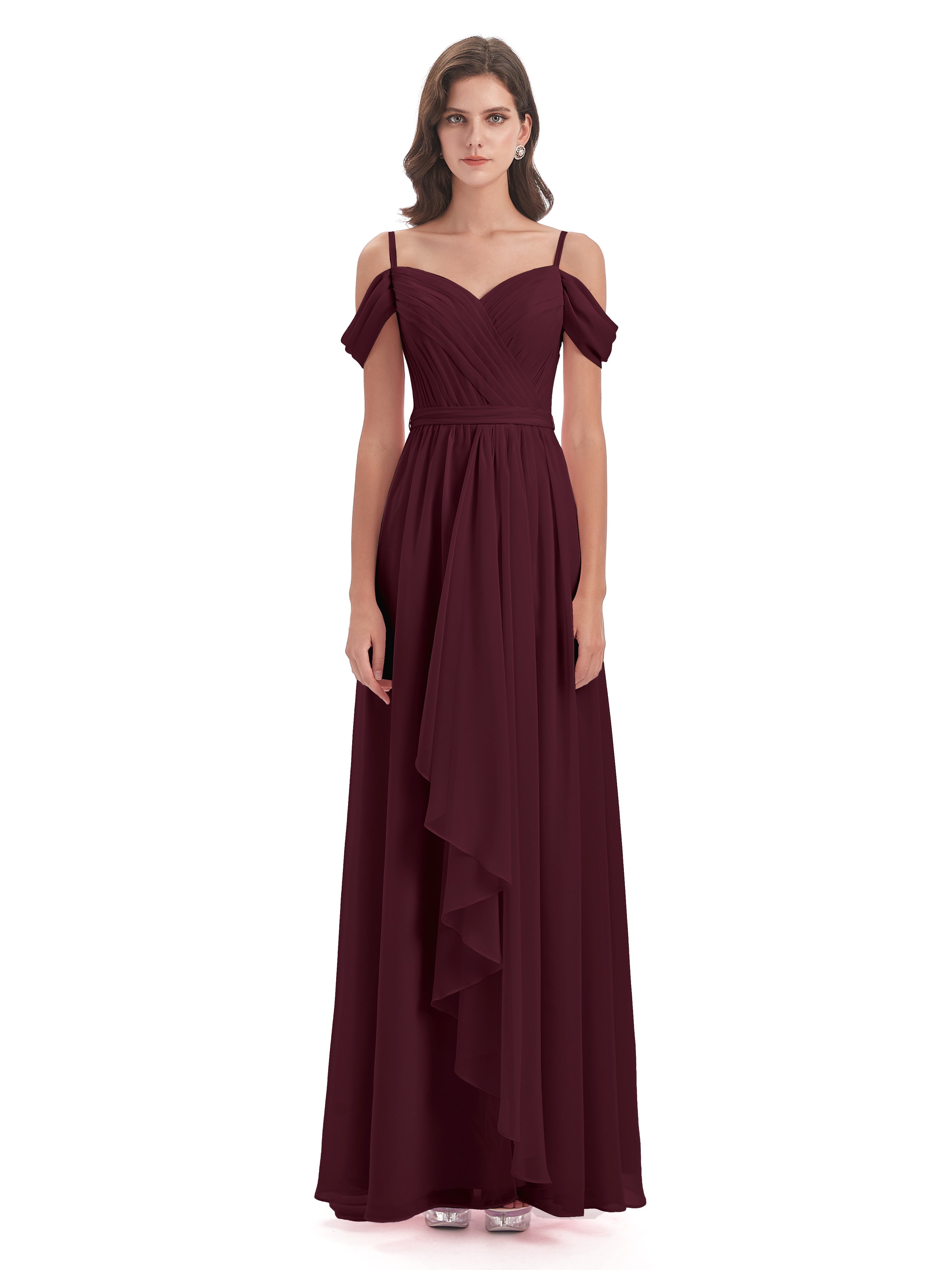 Robes De Demoiselle D'Honneur Cabernet Bretelles Spaghetti Fendue Plis Robes Demoiselle D'Honneur