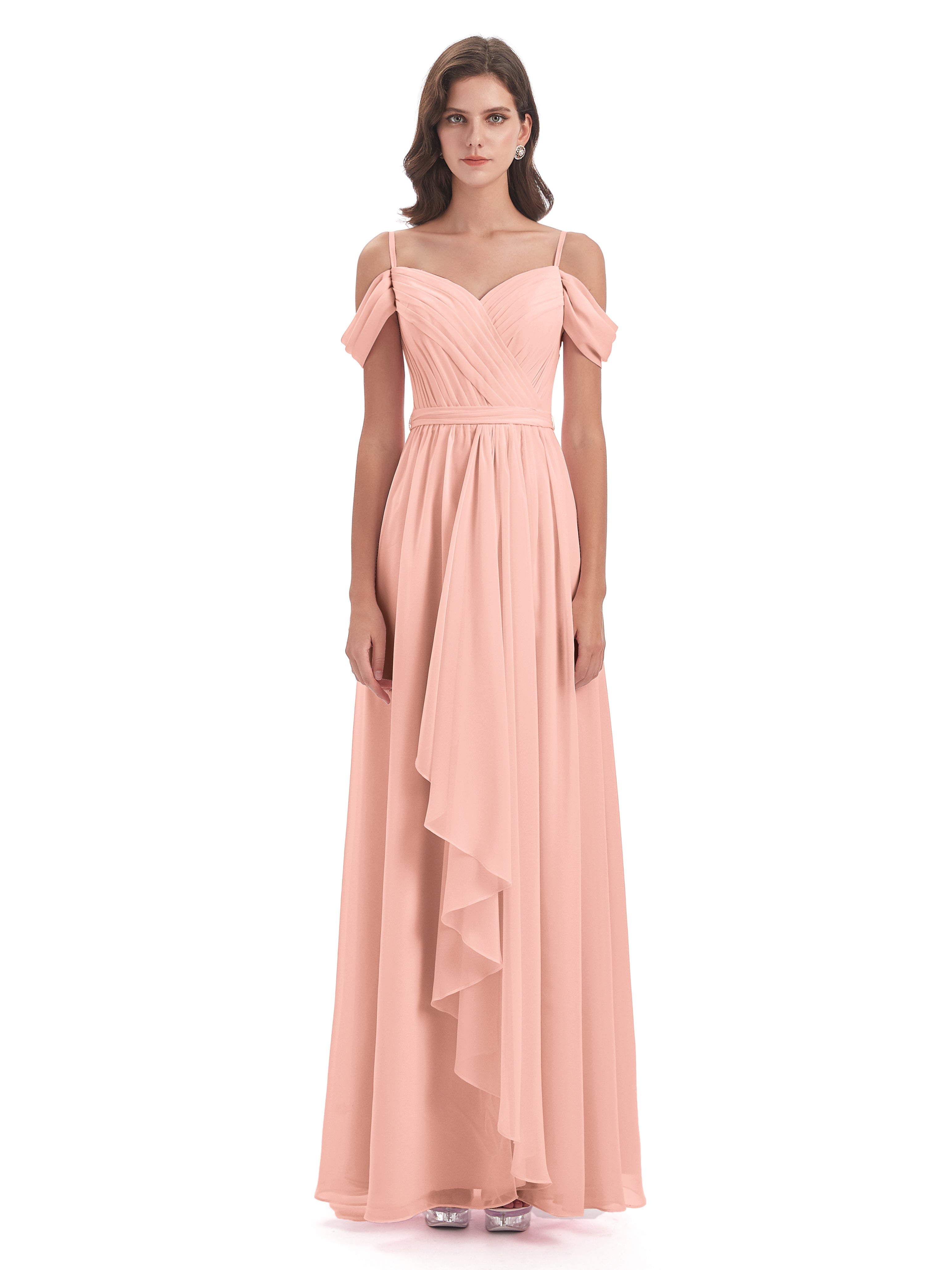 Robe De Demoiselle D Honneur Corail Bretelles Spaghetti Fendue Plis Robes Demoiselle D'Honneur
