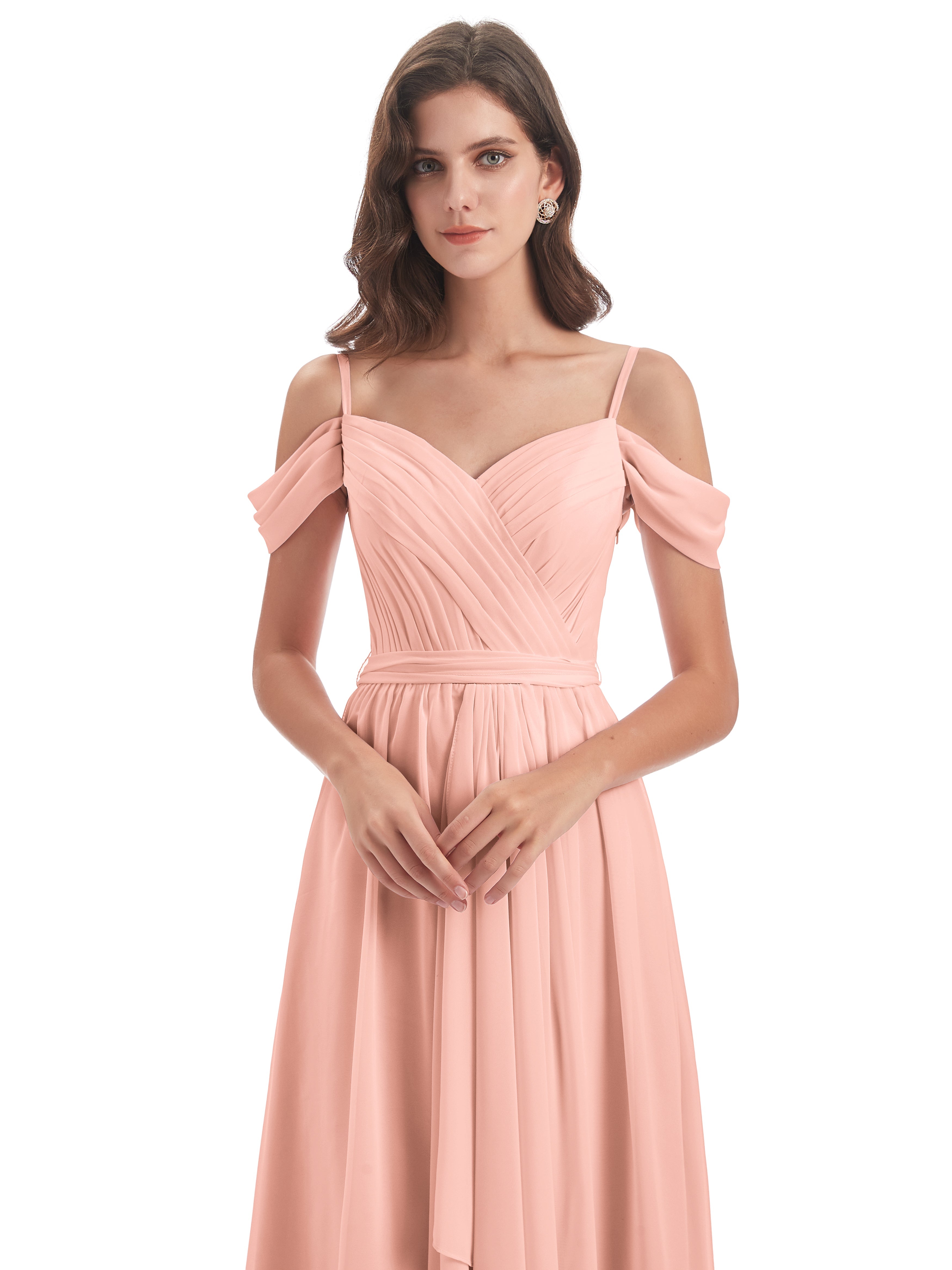 Robe De Demoiselle D Honneur Corail Bretelles Spaghetti Fendue Plis Robes Demoiselle D'Honneur