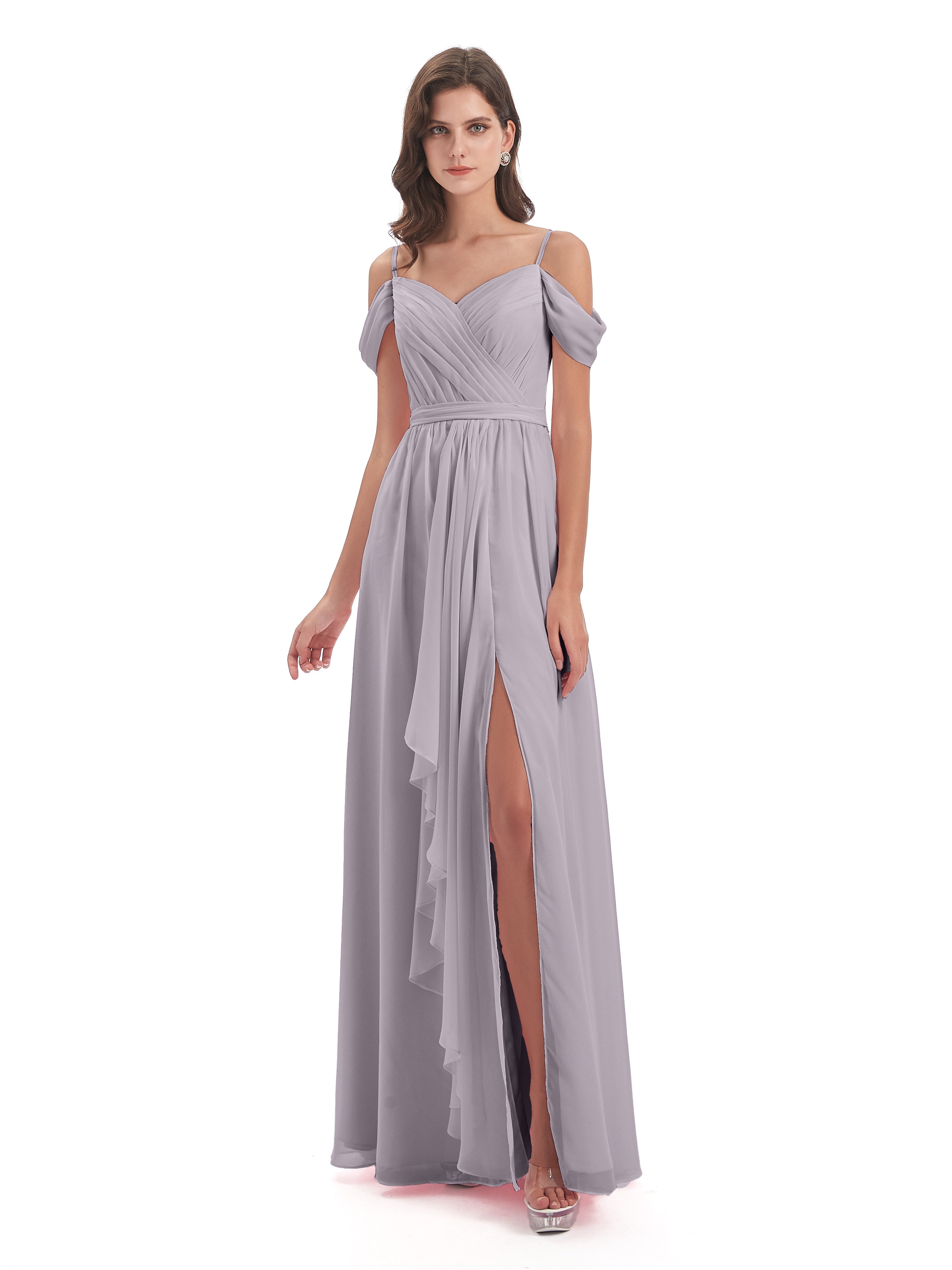 Robes De Demoiselle D'Honneur Couleur Crépuscule Bretelles Spaghetti Fendue Plis Robes Demoiselle D'Honneur