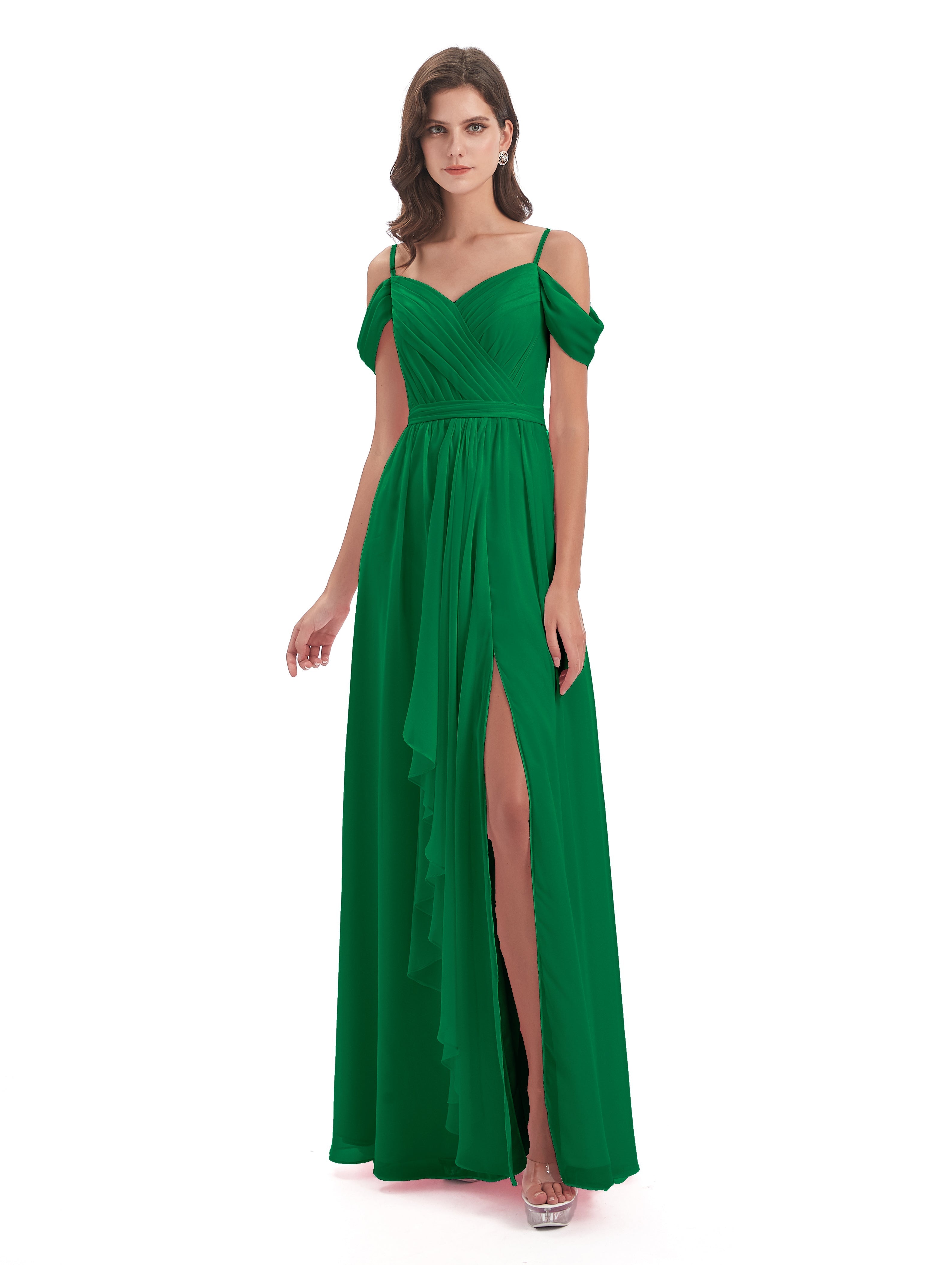 Robes De Demoiselle D'Honneur Vert Émeraude Foncé Bretelles Spaghetti Fendue Plis Robes Demoiselle D'Honneur