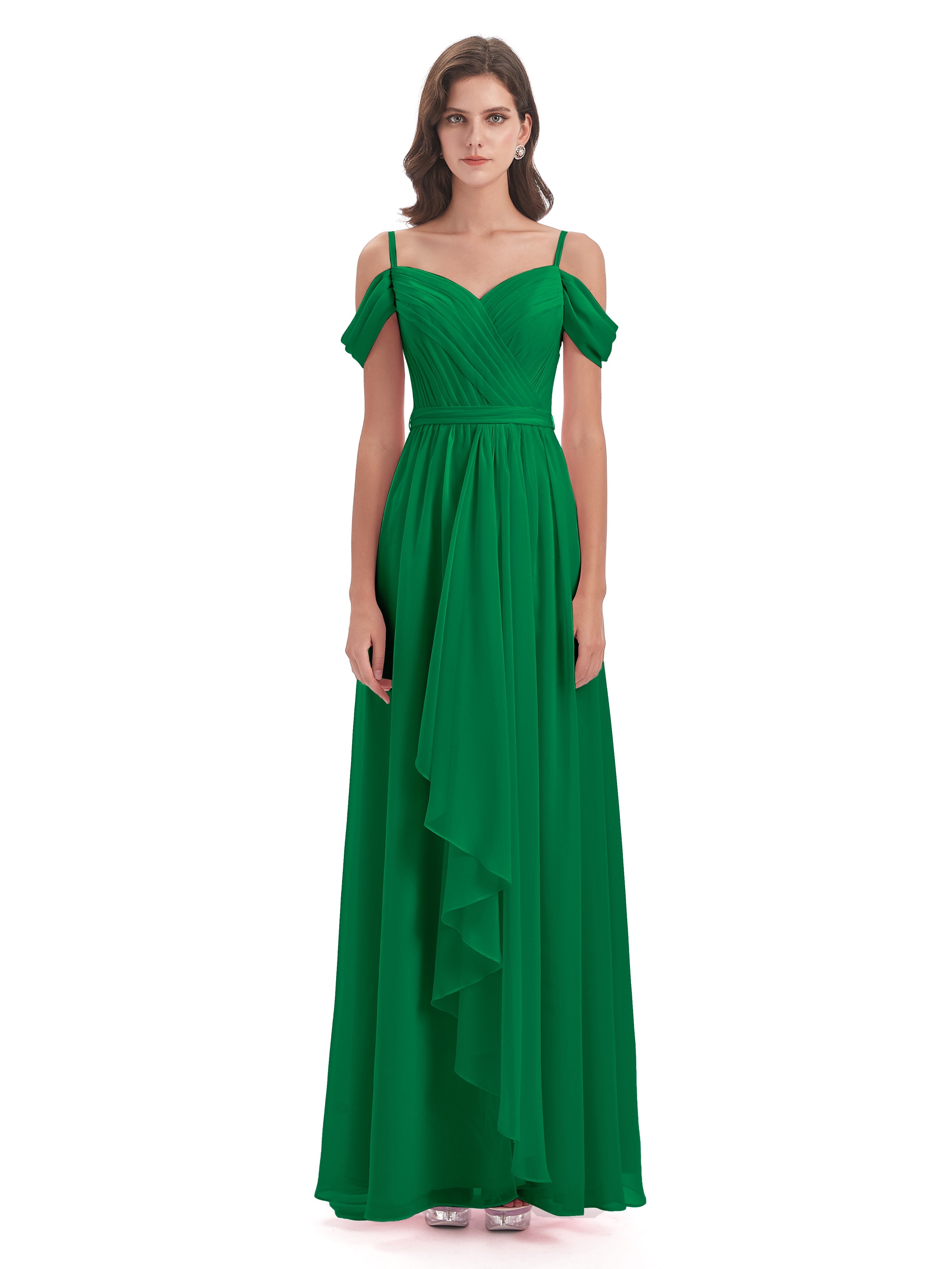 Robes De Demoiselle D'Honneur Vert Émeraude Foncé Bretelles Spaghetti Fendue Plis Robes Demoiselle D'Honneur