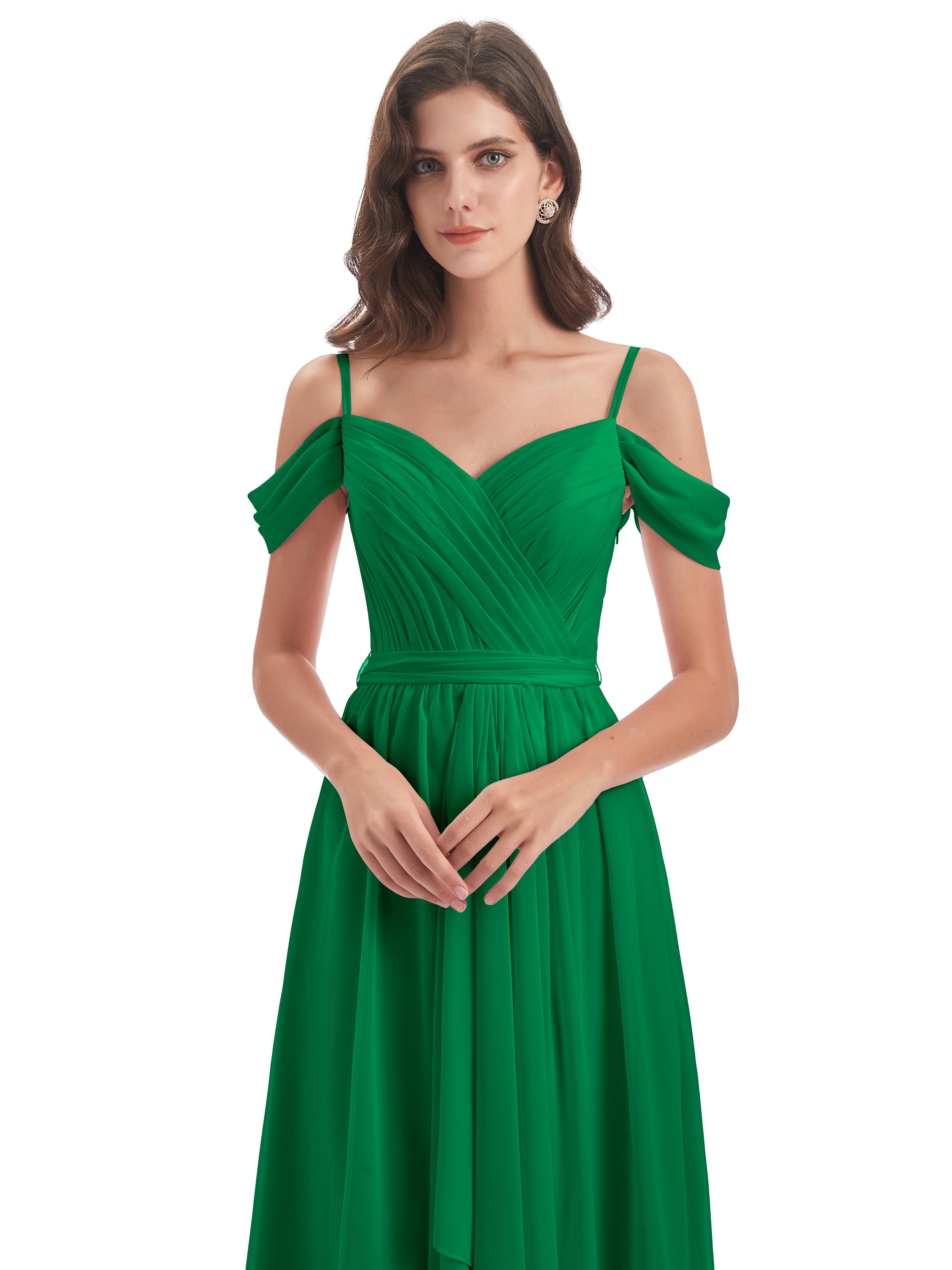 Robes De Demoiselle D'Honneur Vert Émeraude Foncé Bretelles Spaghetti Fendue Plis Robes Demoiselle D'Honneur