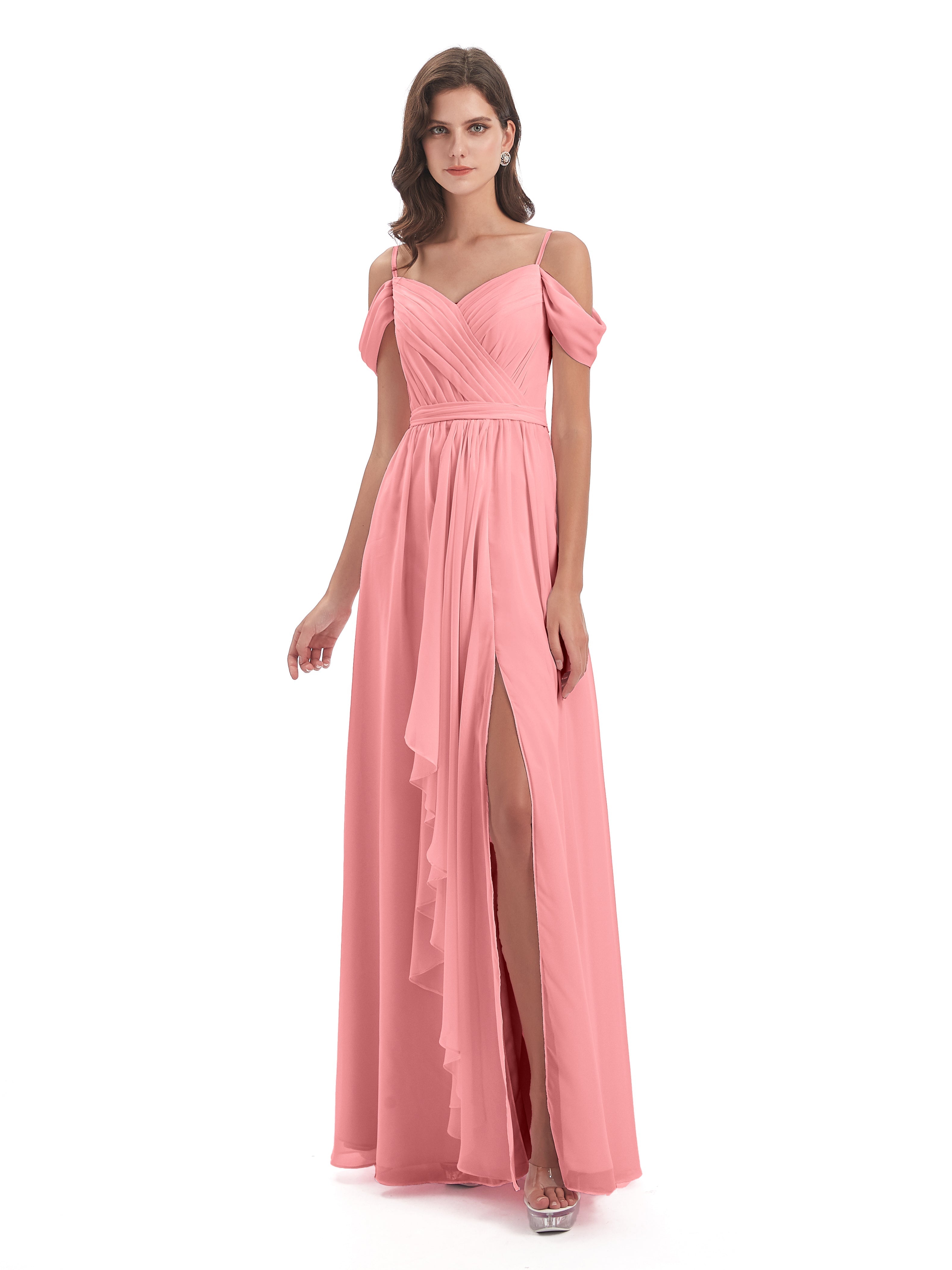 Robes De Demoiselle D'Honneur En Flamant Bretelles Spaghetti Fendue Plis Robes Demoiselle D'Honneur