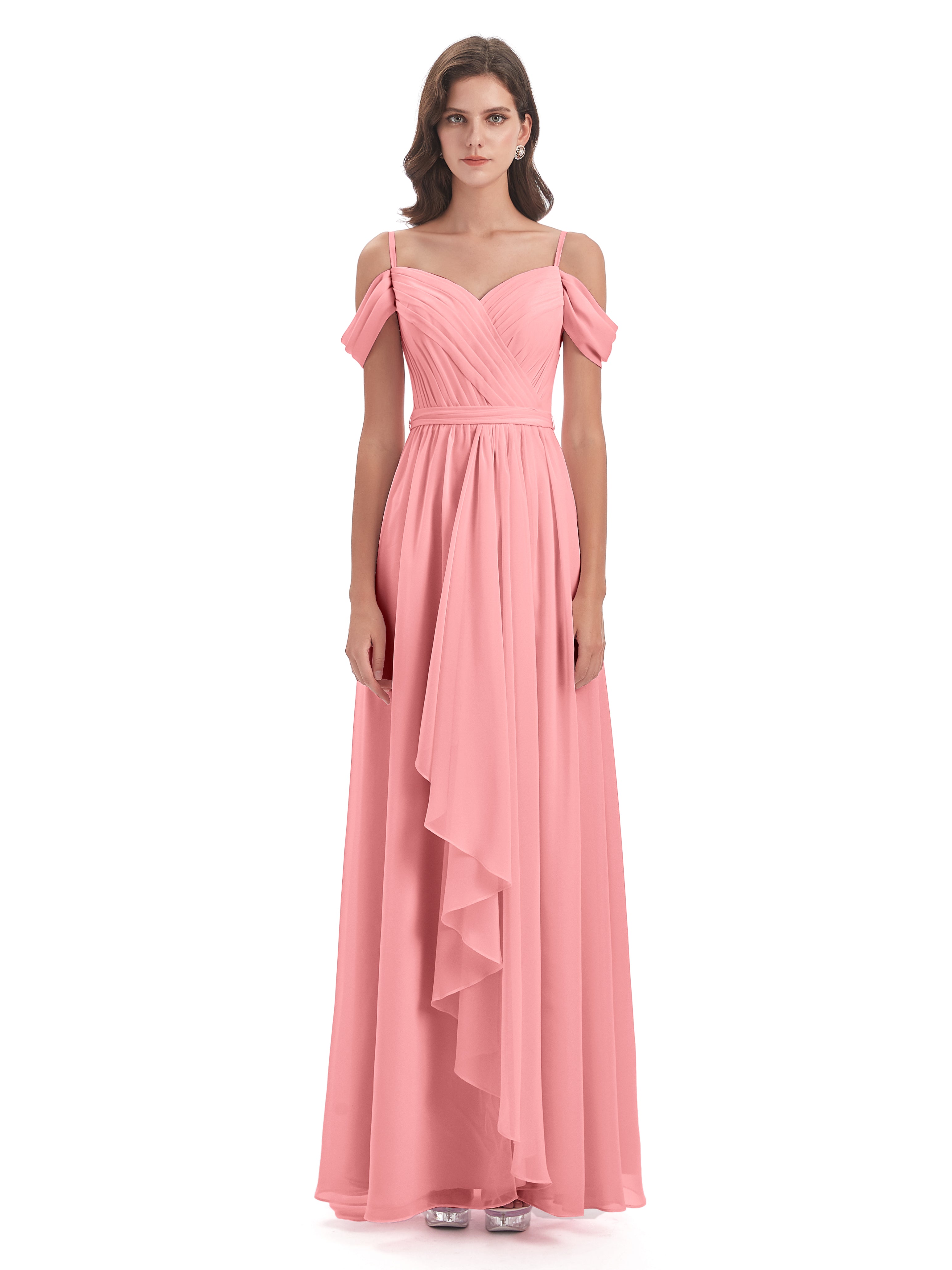 Robes De Demoiselle D'Honneur En Flamant Bretelles Spaghetti Fendue Plis Robes Demoiselle D'Honneur