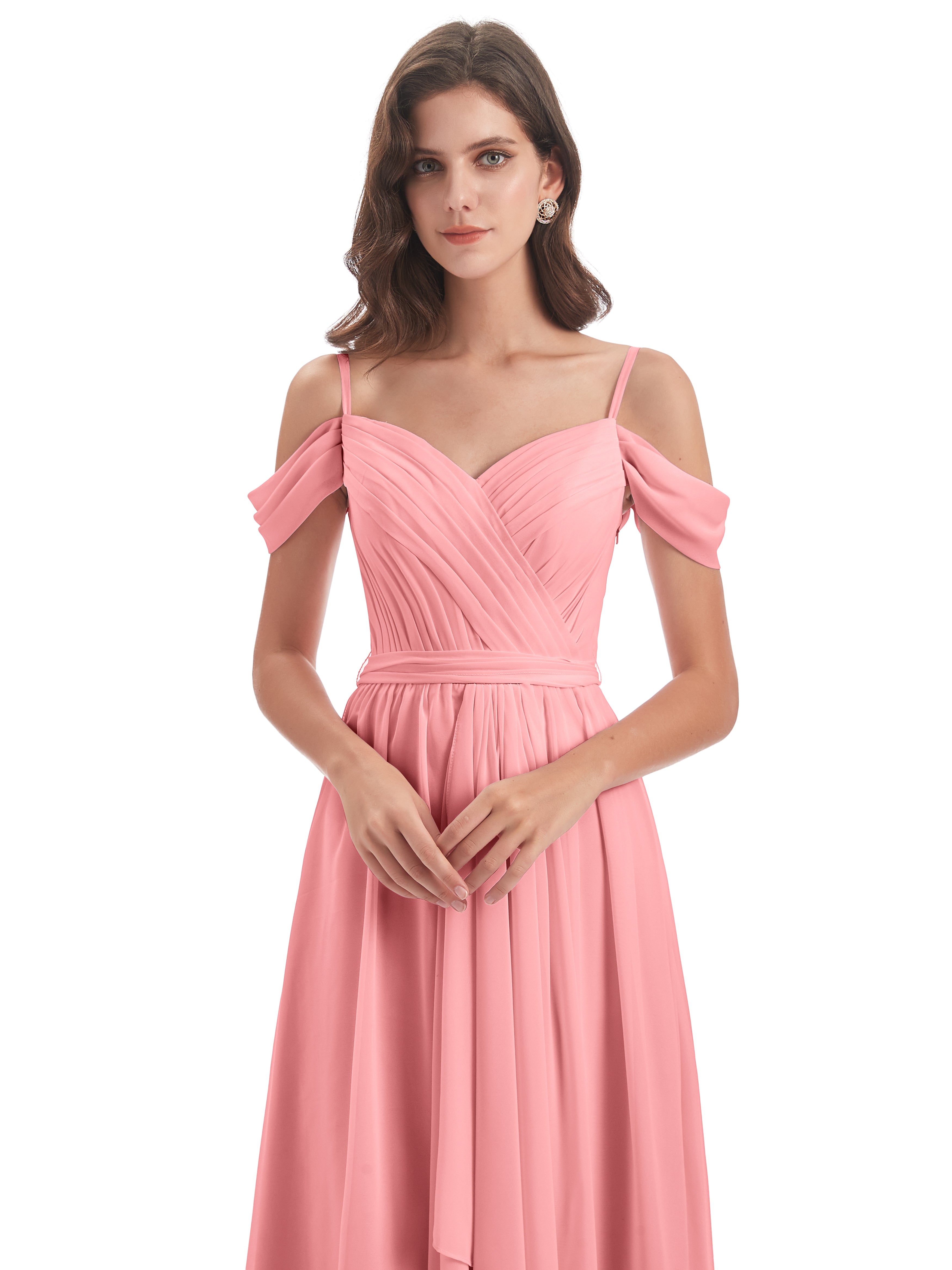 Robes De Demoiselle D'Honneur En Flamant Bretelles Spaghetti Fendue Plis Robes Demoiselle D'Honneur