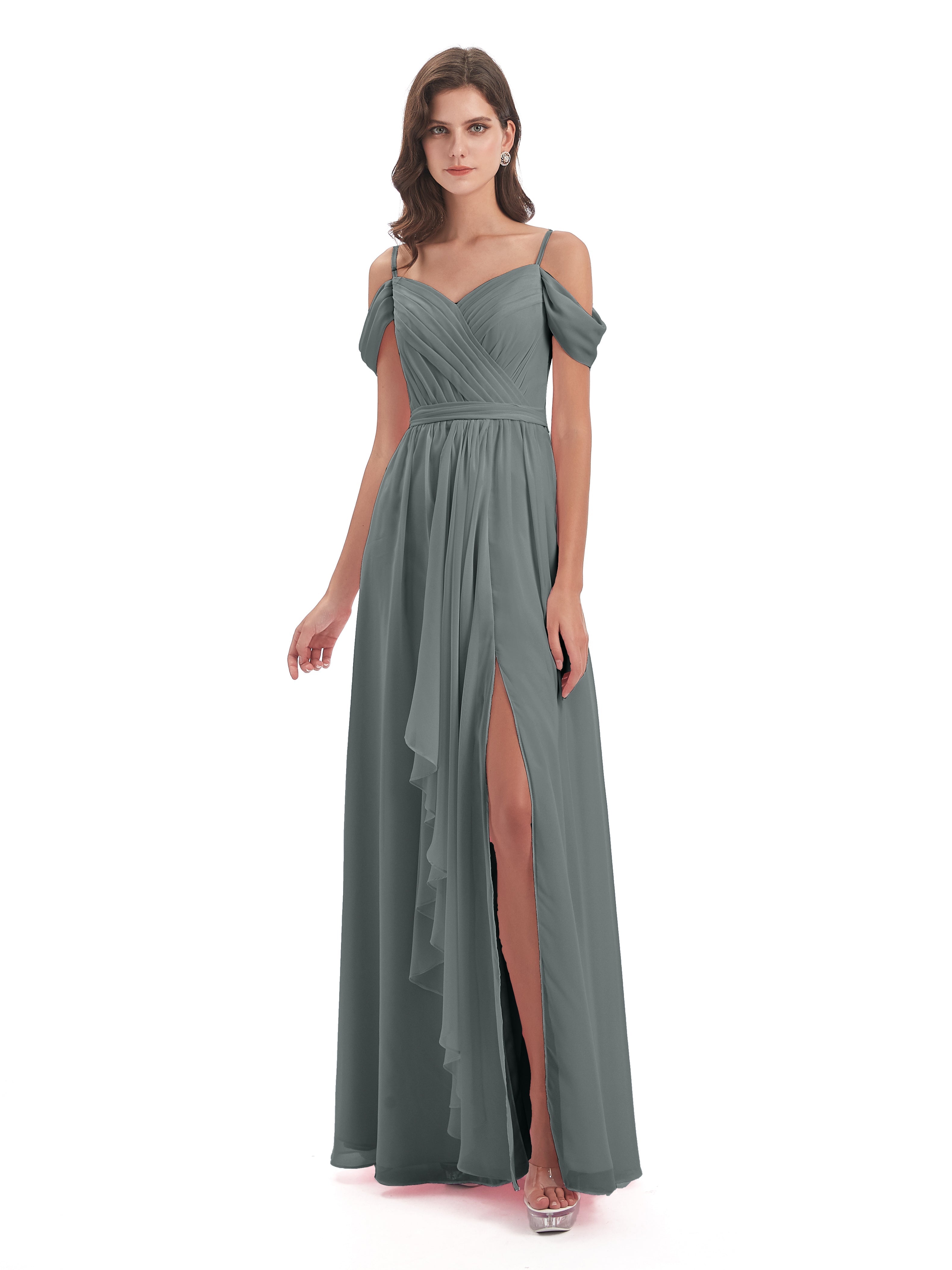 Robe De Demoiselle D Honneur Grise Bretelles Spaghetti Fendue Plis Robes Demoiselle D'Honneur