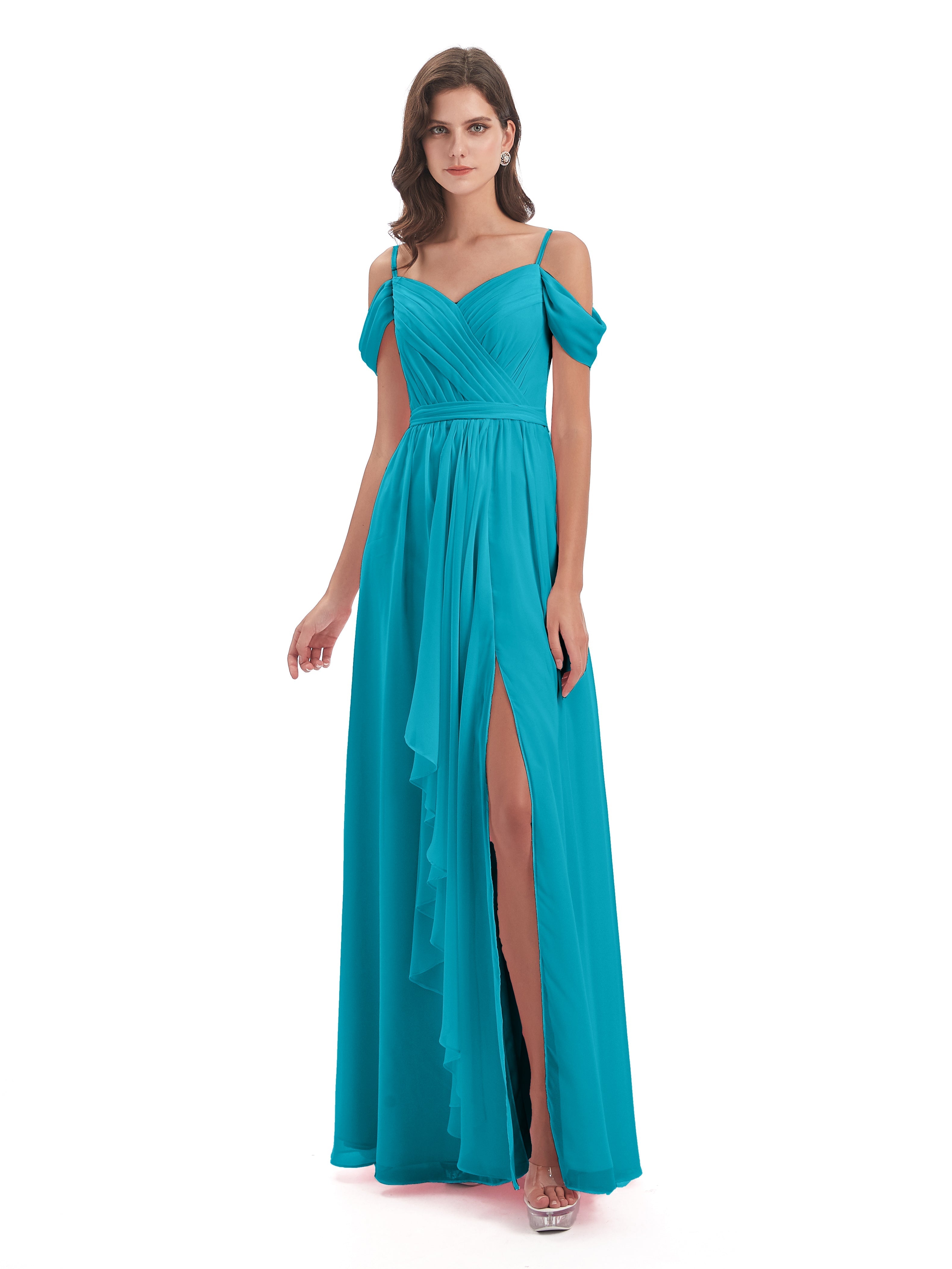 Robes De Demoiselle D'Honneur Vert Jade Bretelles Spaghetti Fendue Plis Robes Demoiselle D'Honneur
