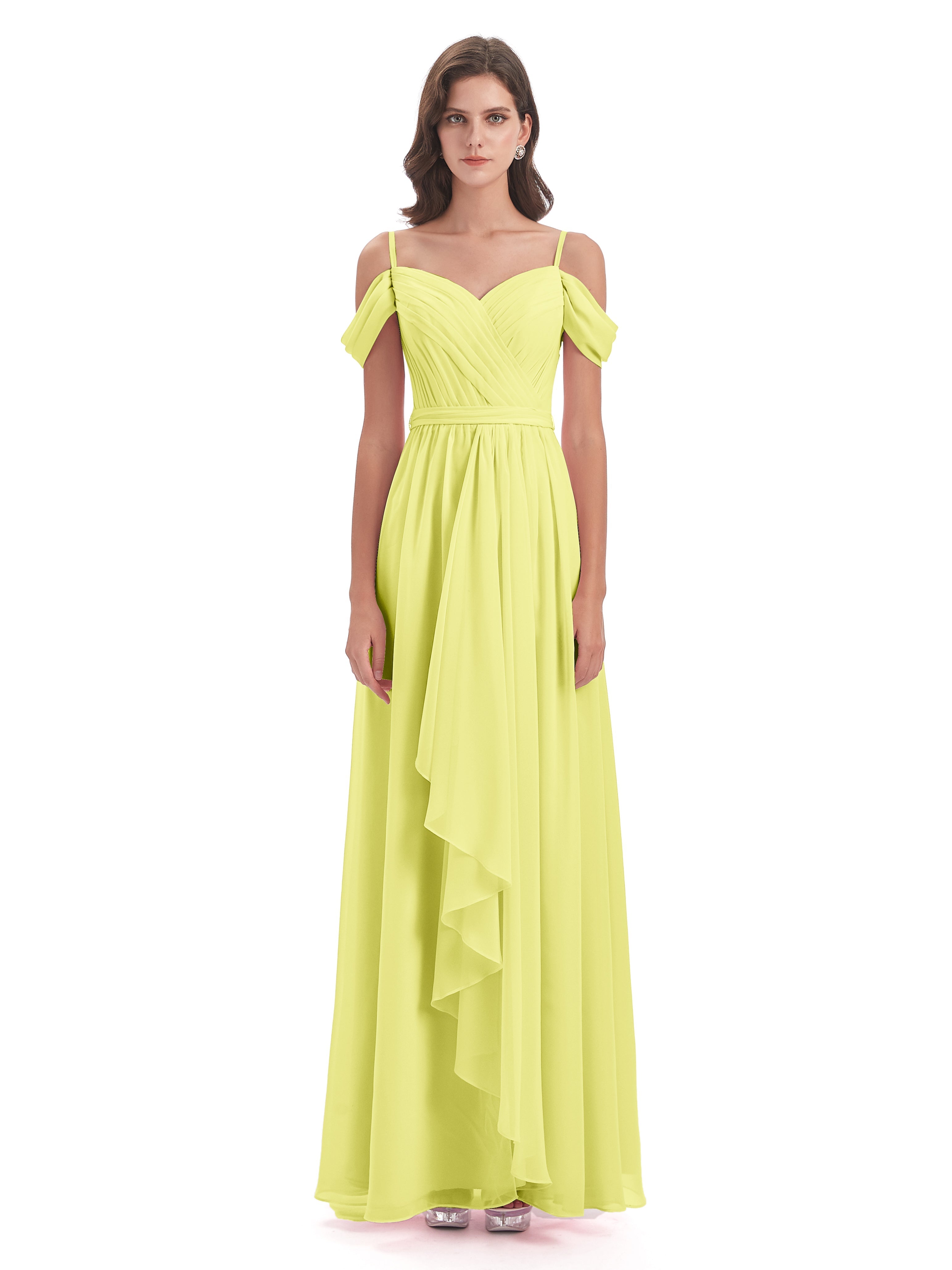 Robes De Demoiselle D'Honneur Jonquille Bretelles Spaghetti Fendue Plis Robes Demoiselle D'Honneur