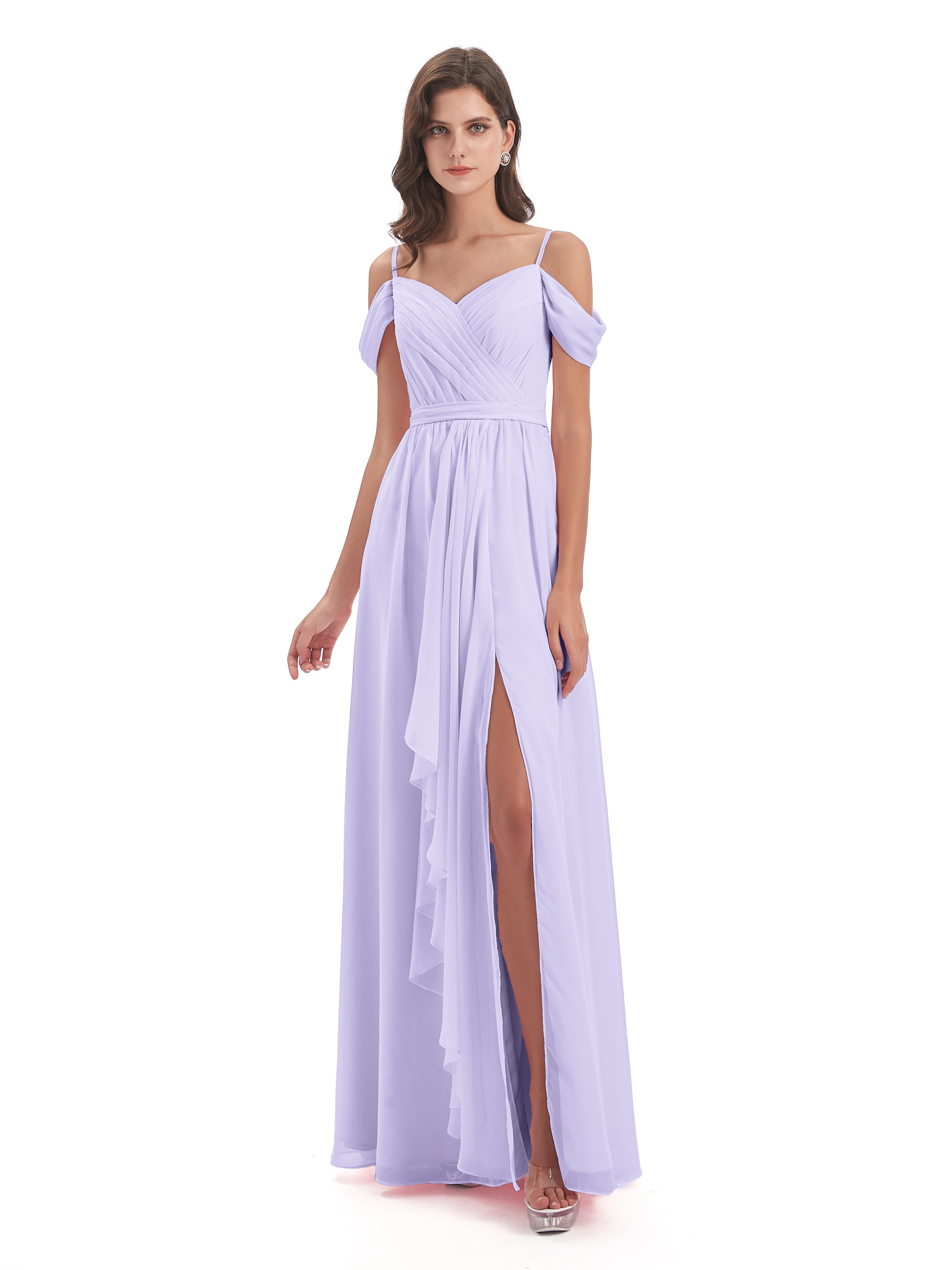 Robe Longue Lilas Demoiselle D Honneur Bretelles Spaghetti Fendue Plis Robes Demoiselle D'Honneur