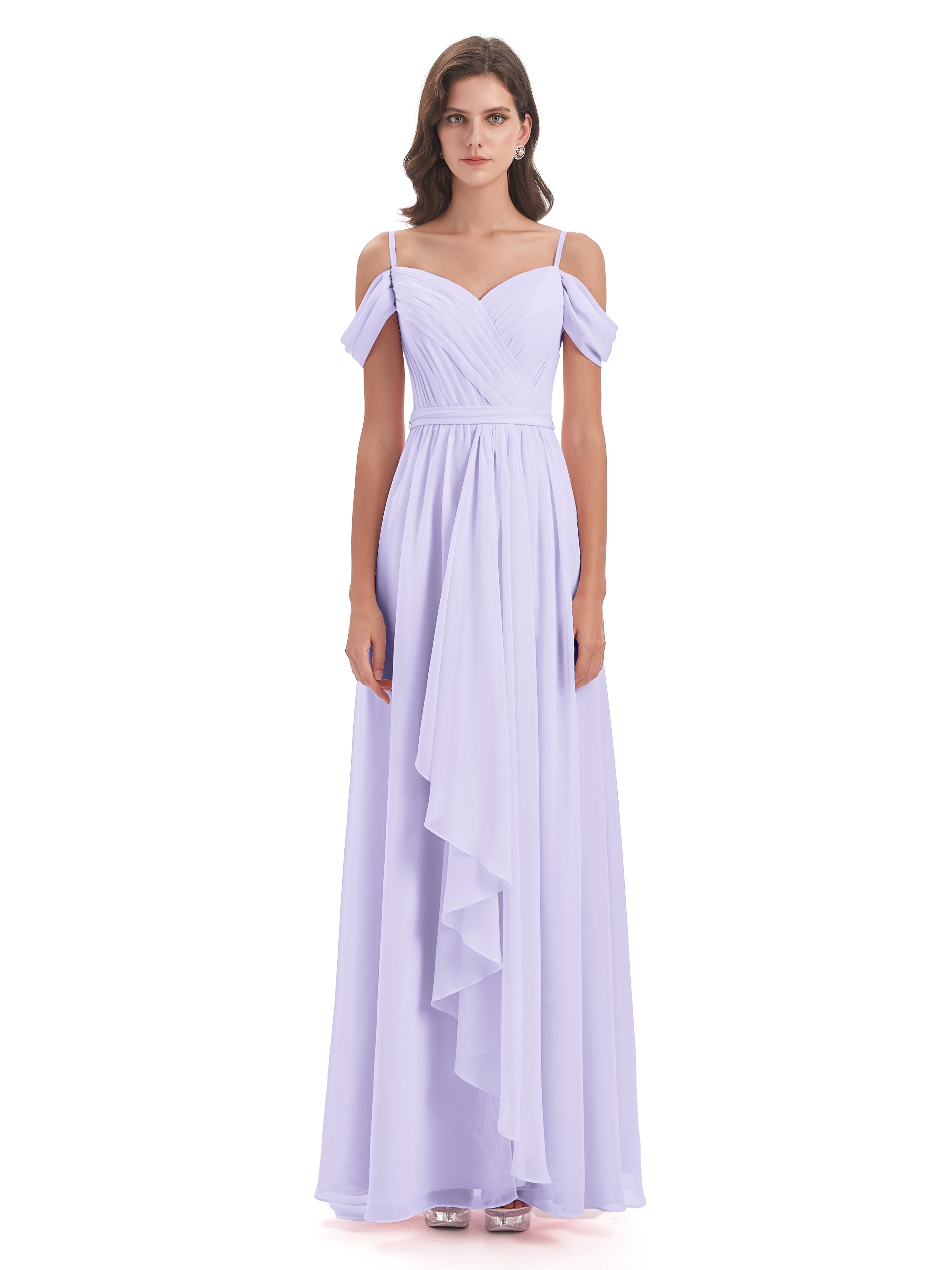 Robe Longue Lilas Demoiselle D Honneur Bretelles Spaghetti Fendue Plis Robes Demoiselle D'Honneur