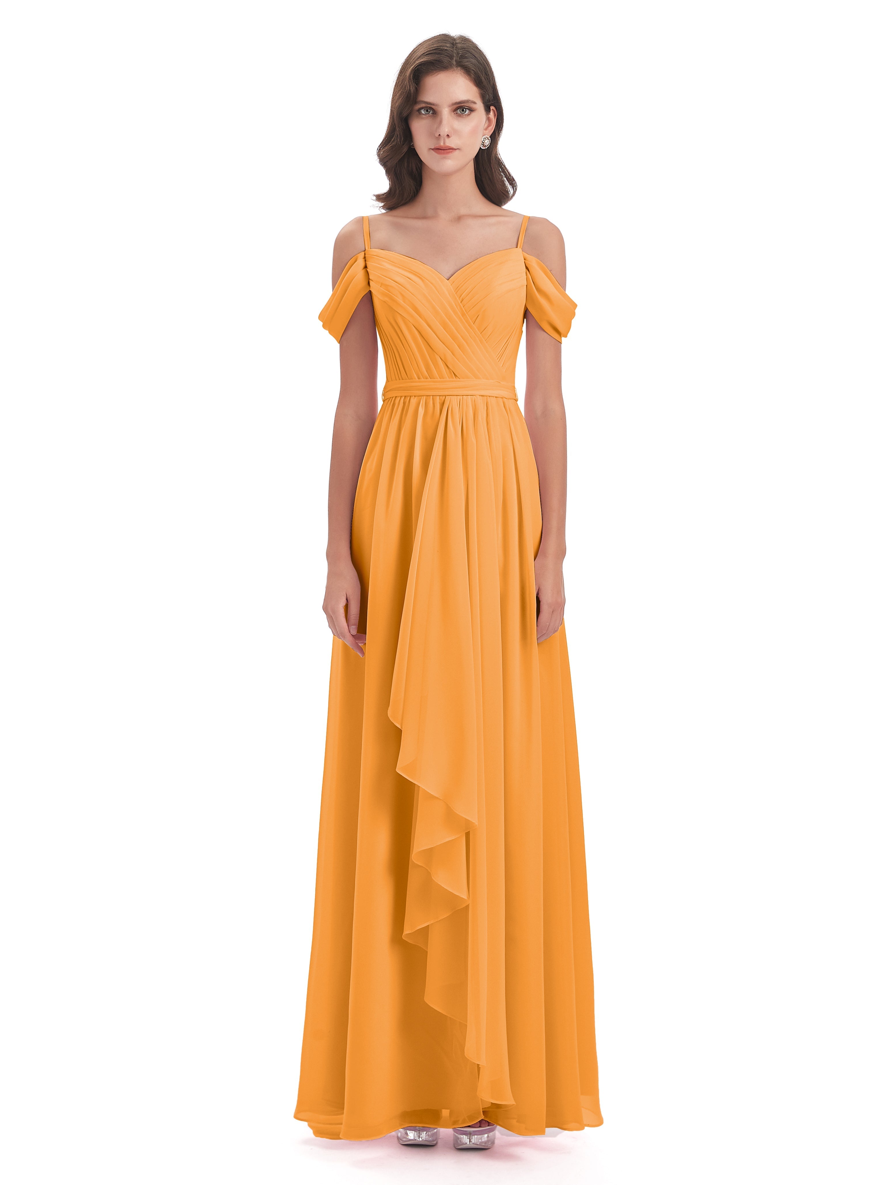 Robes De Demoiselle D'Honneur Mandarine Bretelles Spaghetti Fendue Plis Robes Demoiselle D'Honneur