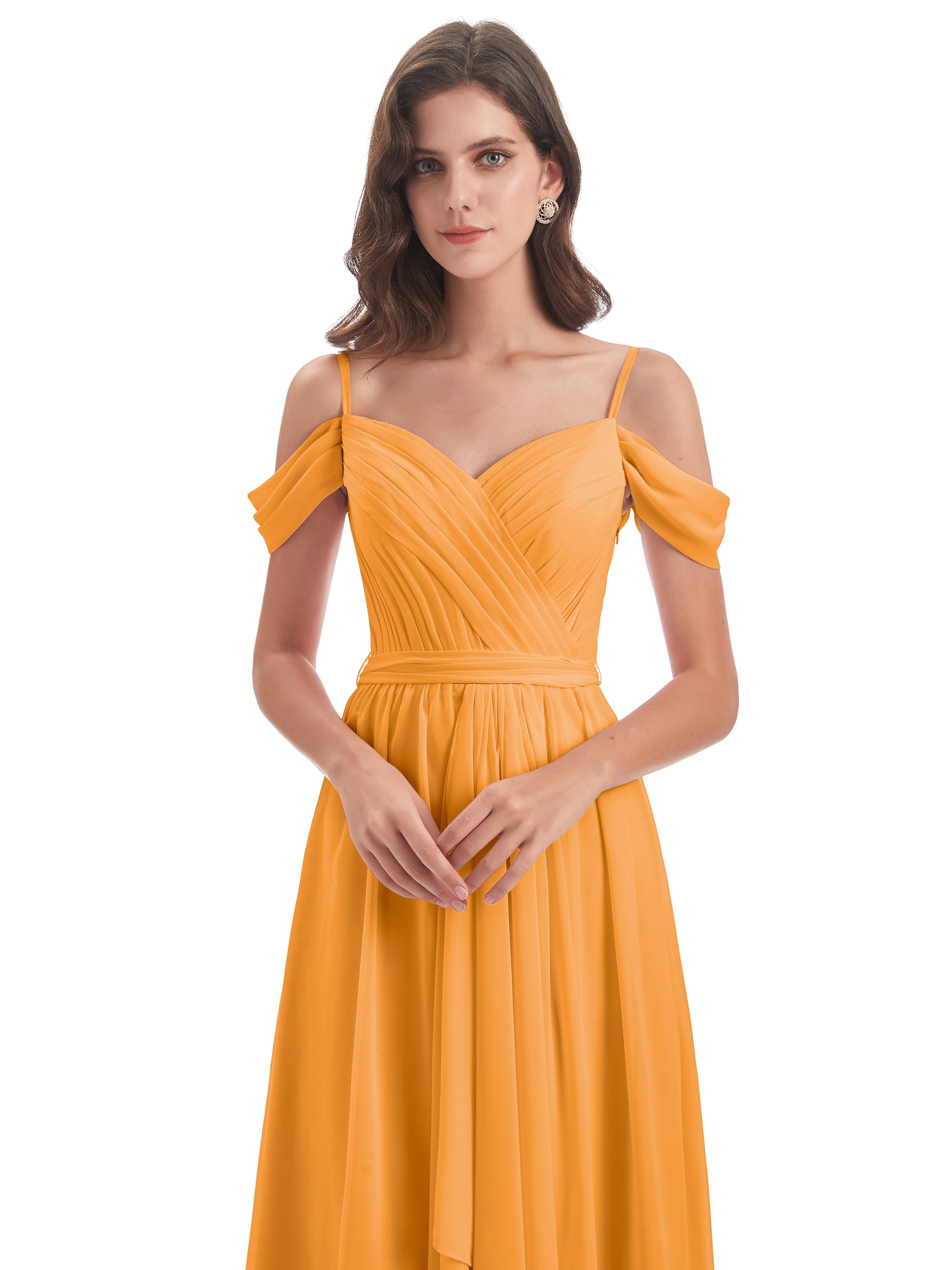 Robes De Demoiselle D'Honneur Mandarine Bretelles Spaghetti Fendue Plis Robes Demoiselle D'Honneur