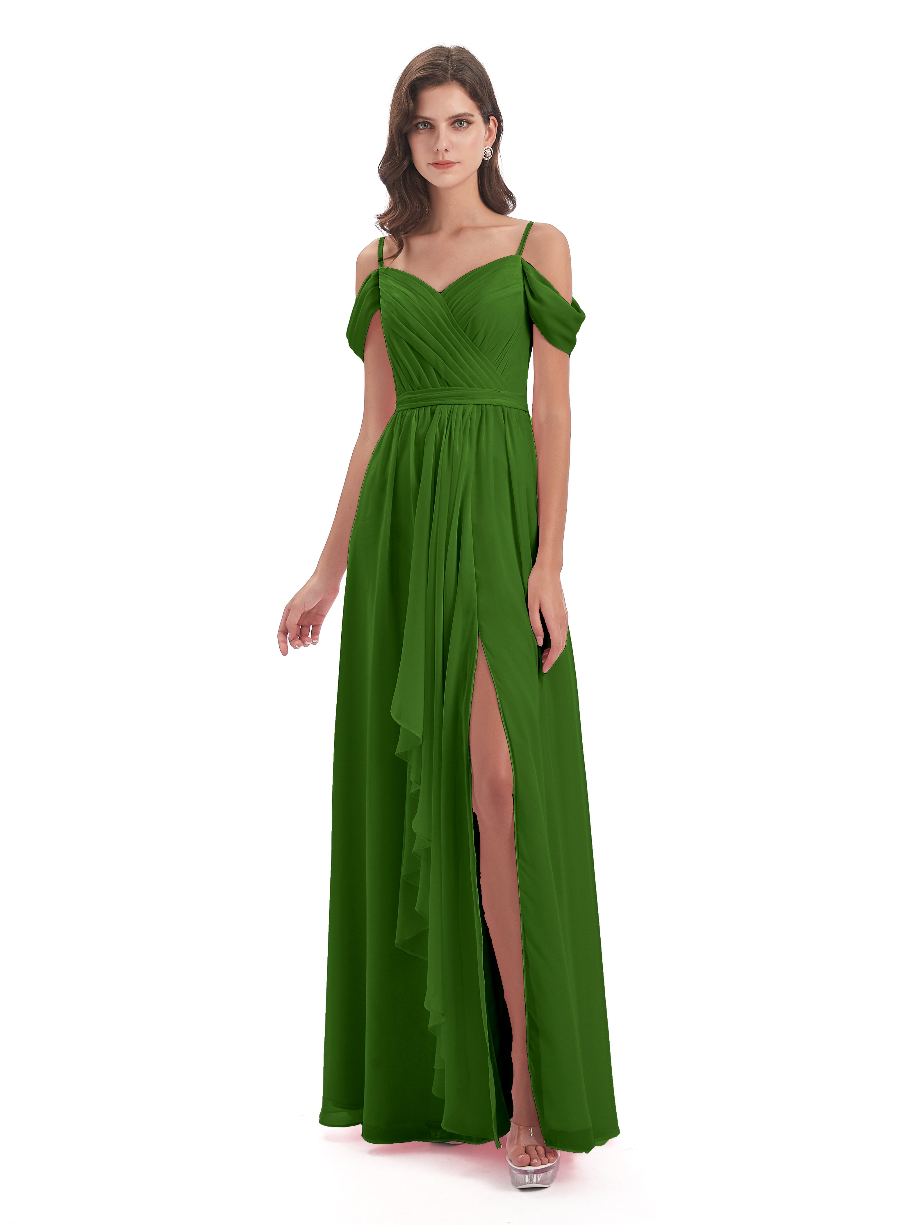 Robes De Demoiselle D'Honneur Vert Mousse Bretelles Spaghetti Fendue Plis Robes Demoiselle D'Honneur