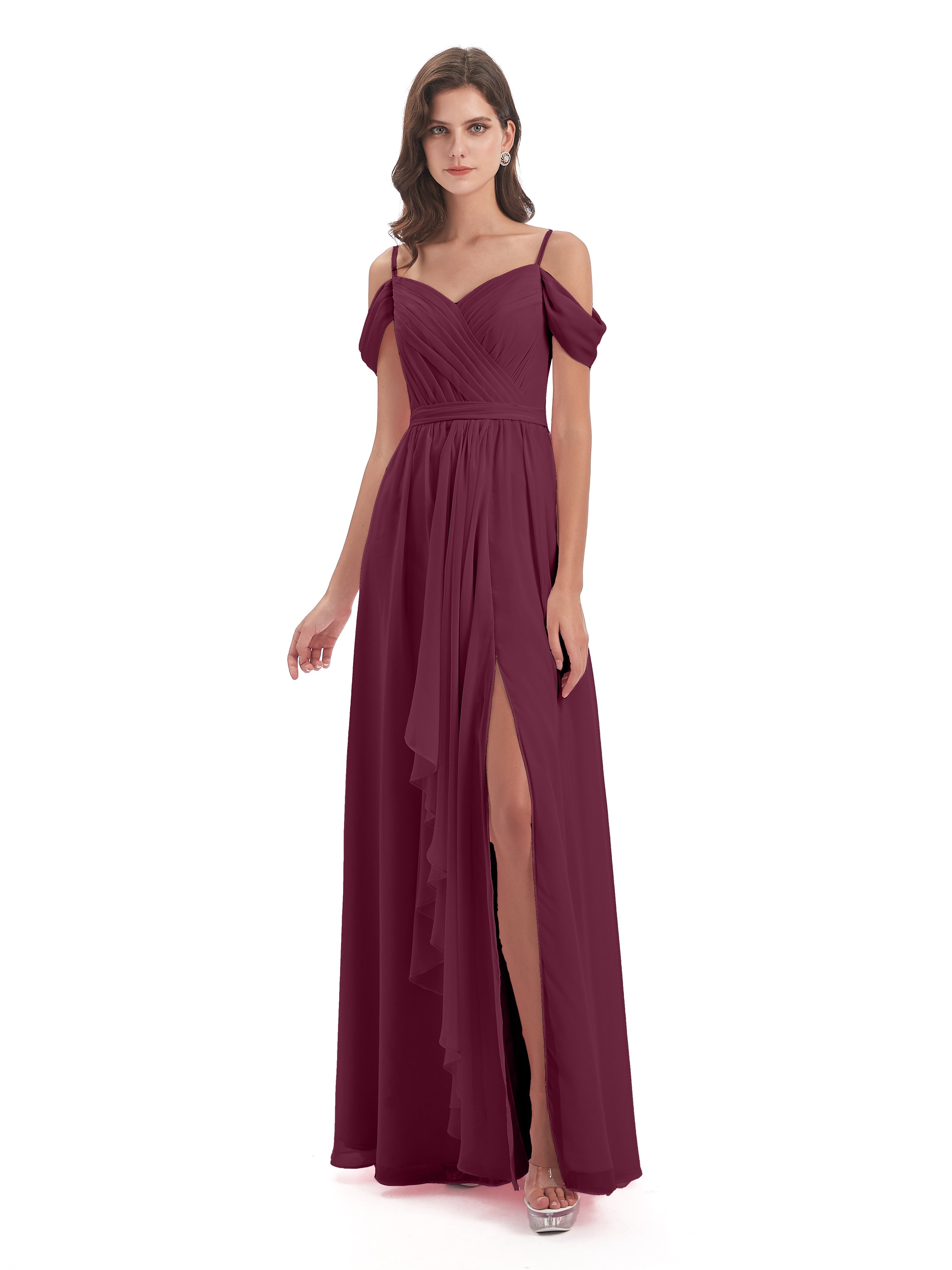 Robes De Demoiselle D'Honneur Mûre Bretelles Spaghetti Fendue Plis Robes Demoiselle D'Honneur