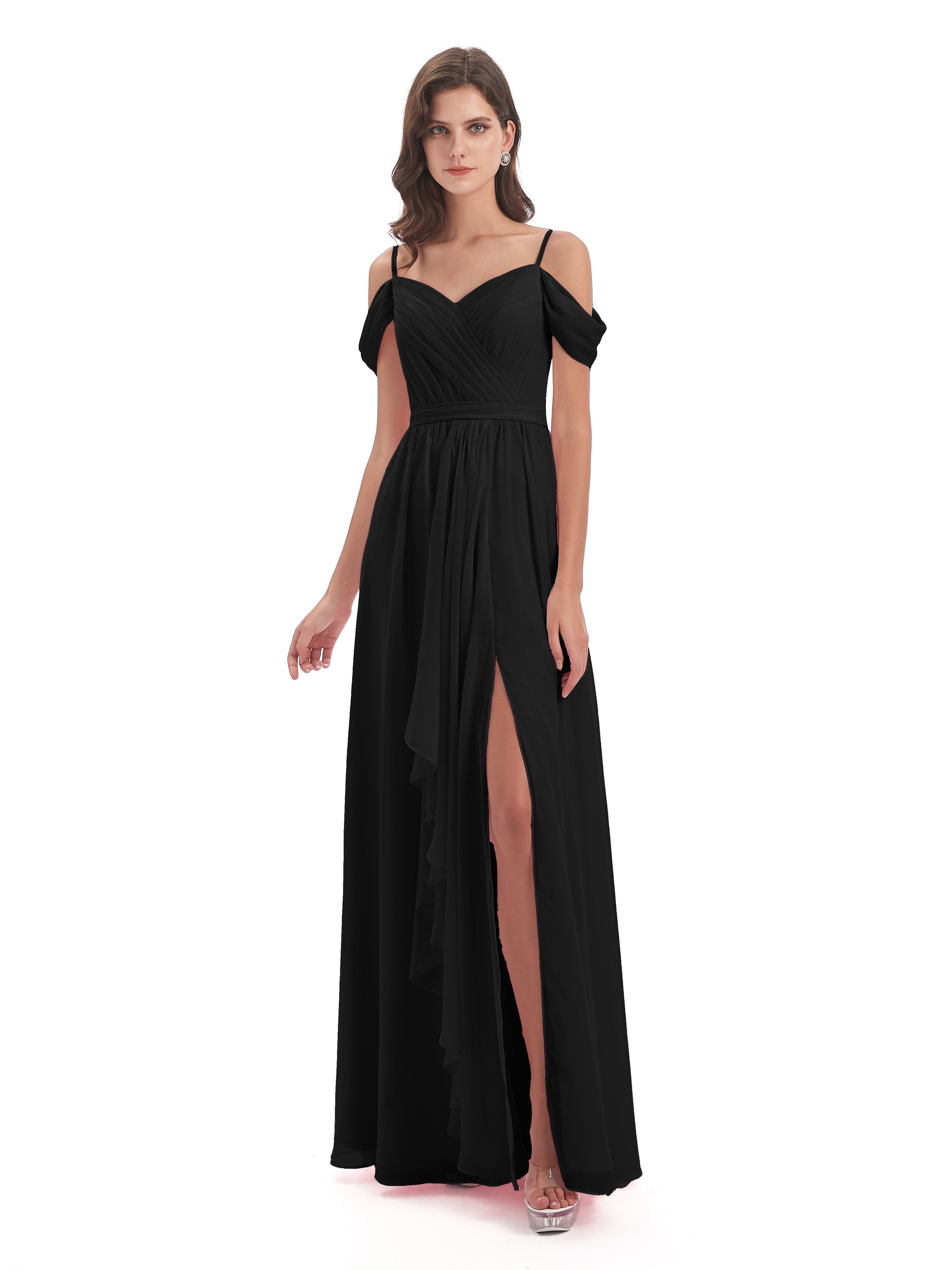 Robe Demoiselle D Honneur Noir Bretelles Spaghetti Fendue Plis Robes Demoiselle D'Honneur