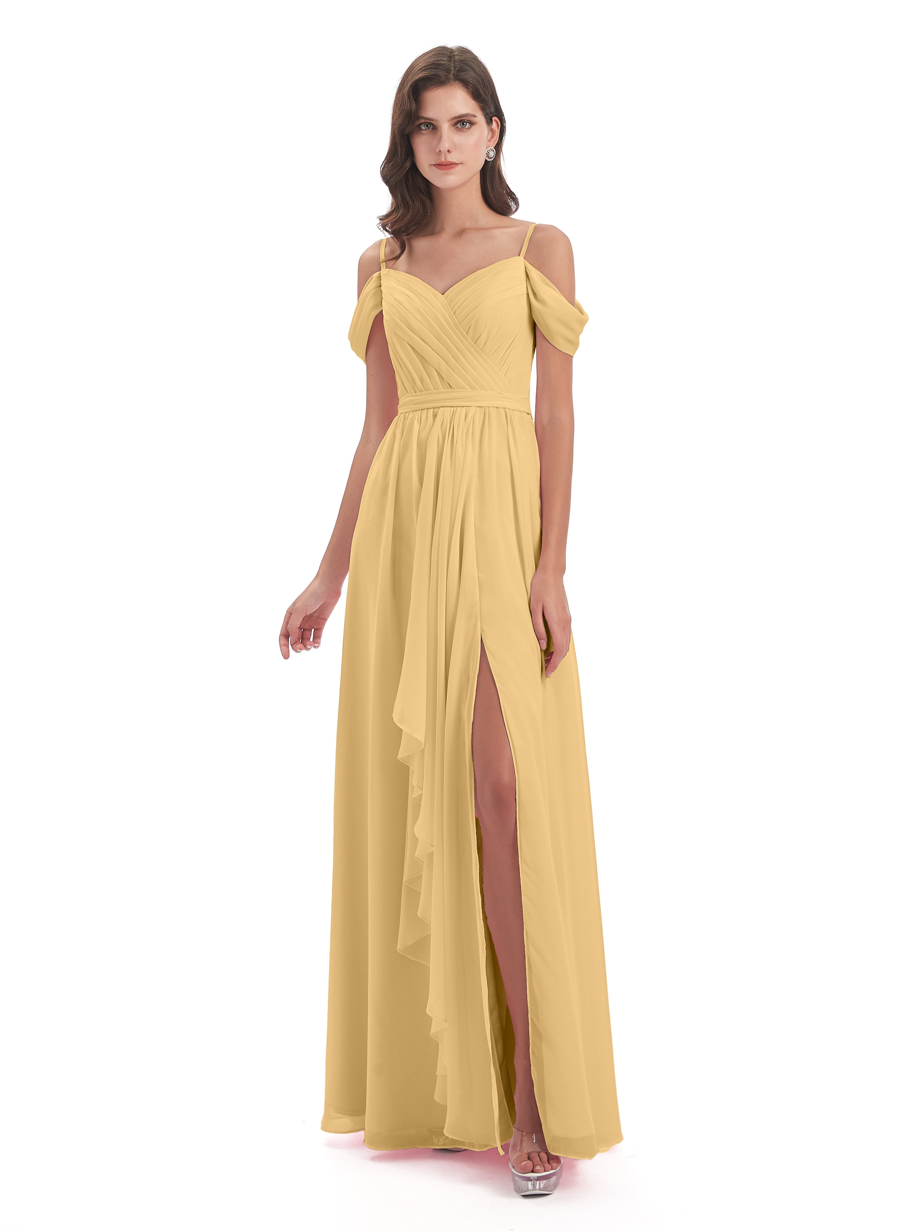 Robe Demoiselle D Honneur Doré Bretelles Spaghetti Fendue Plis Robes Demoiselle D'Honneur