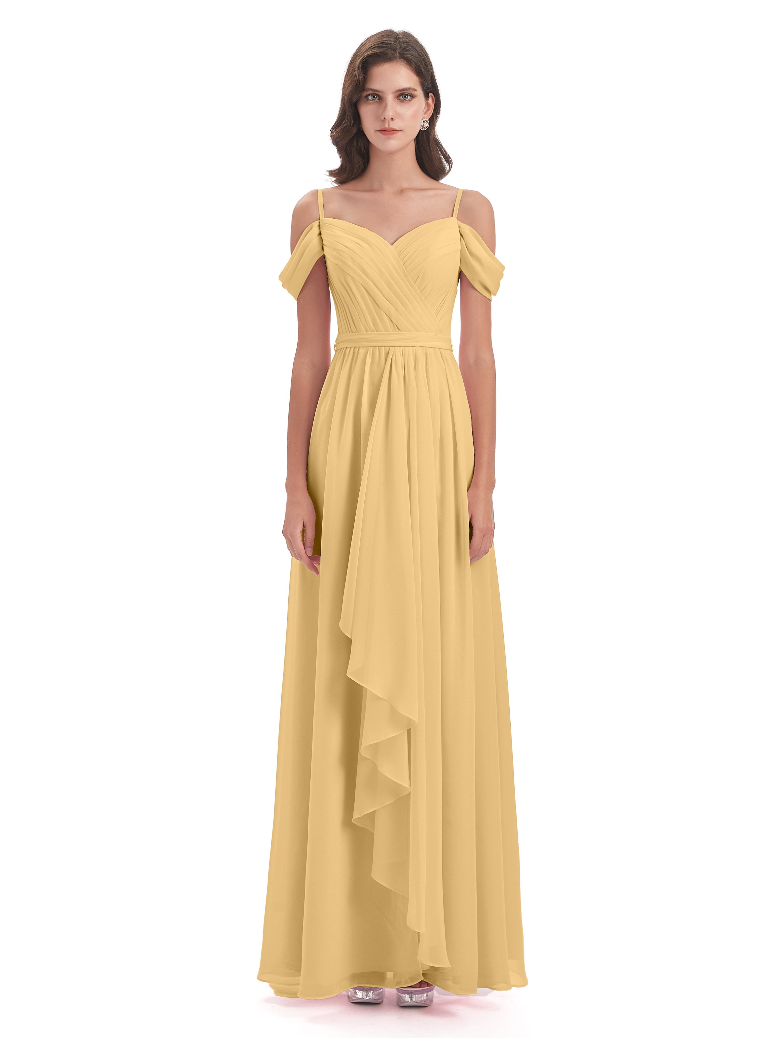 Robe Demoiselle D Honneur Doré Bretelles Spaghetti Fendue Plis Robes Demoiselle D'Honneur