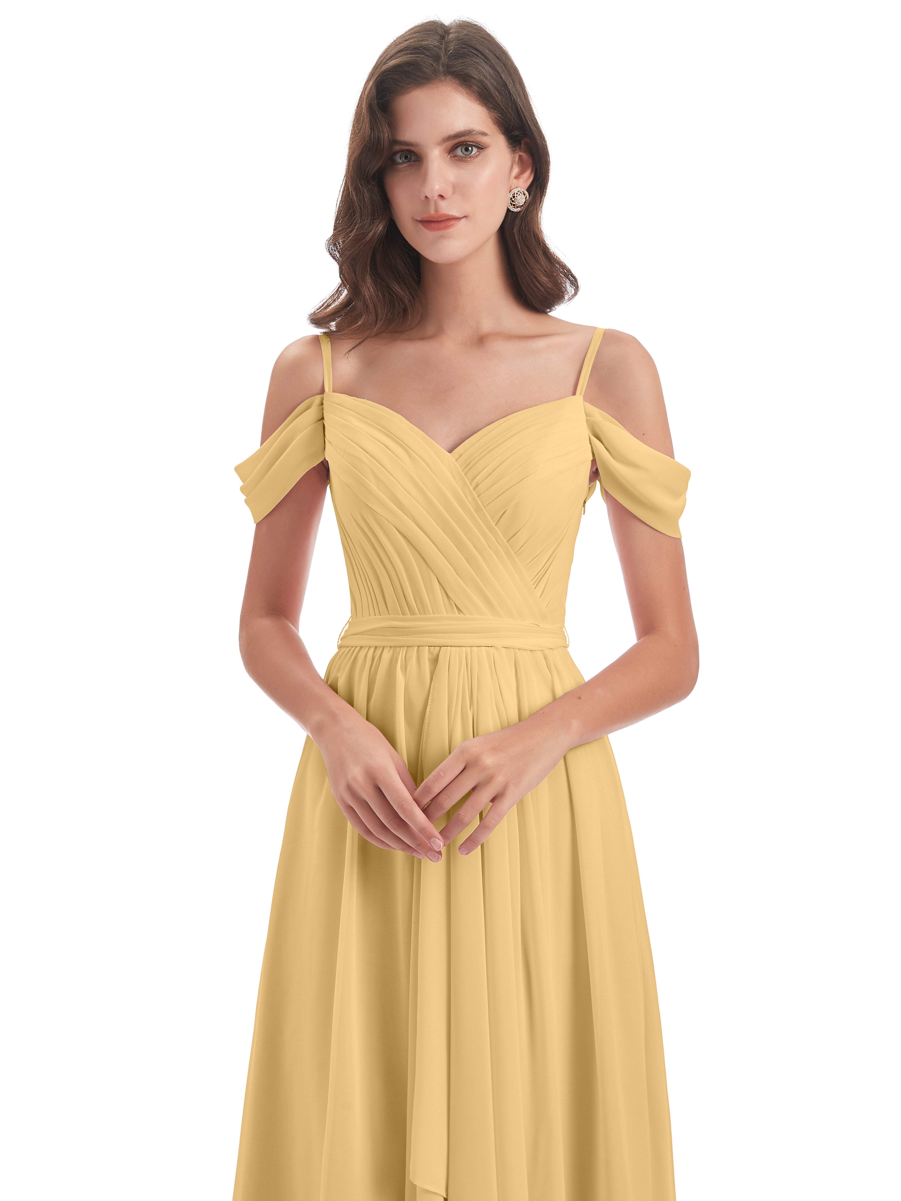 Robe Demoiselle D Honneur Doré Bretelles Spaghetti Fendue Plis Robes Demoiselle D'Honneur
