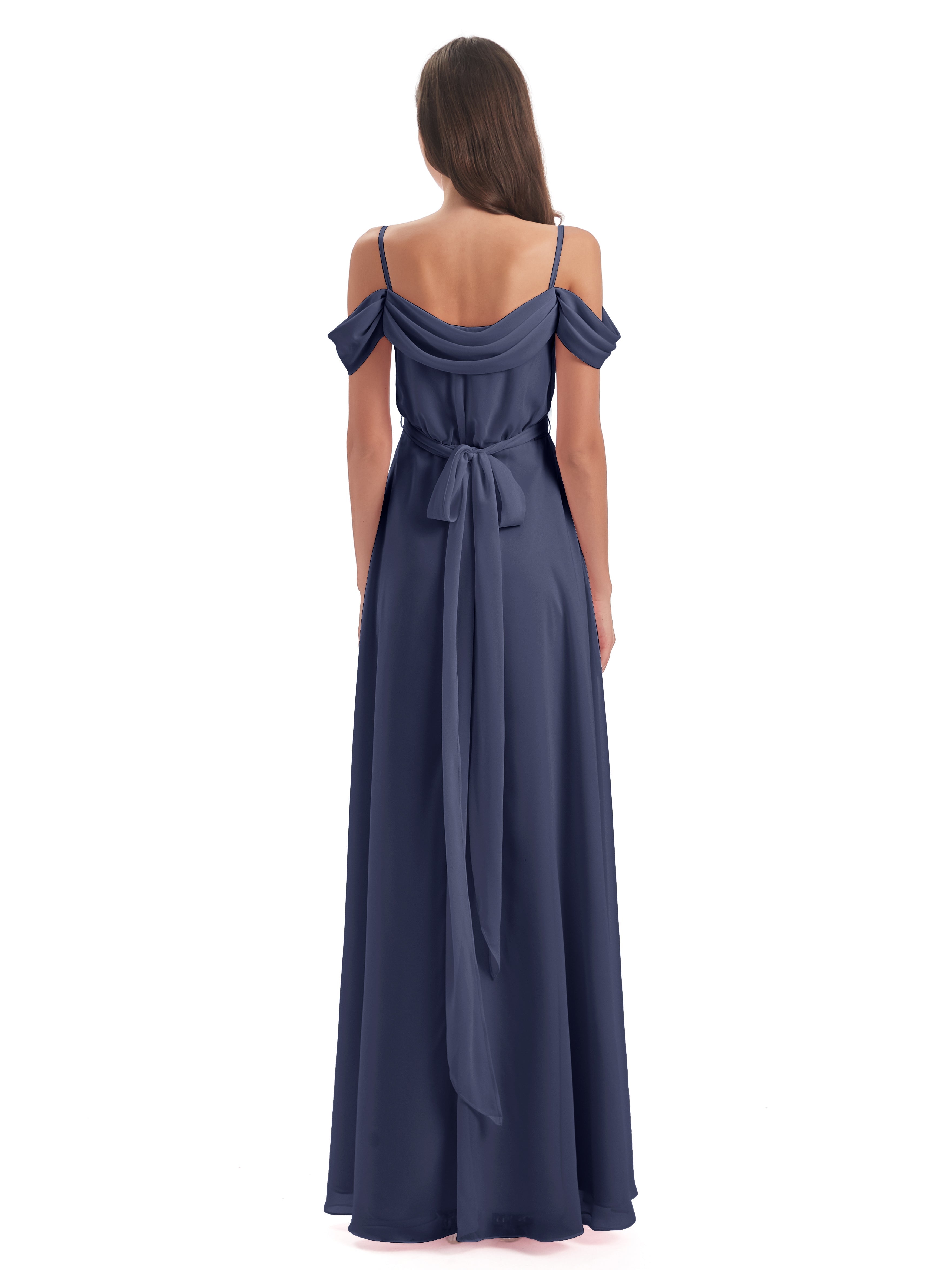 Robes De Demoiselle D'Honneur Bleu Orageux Bretelles Spaghetti Fendue Plis Robes Demoiselle D'Honneur