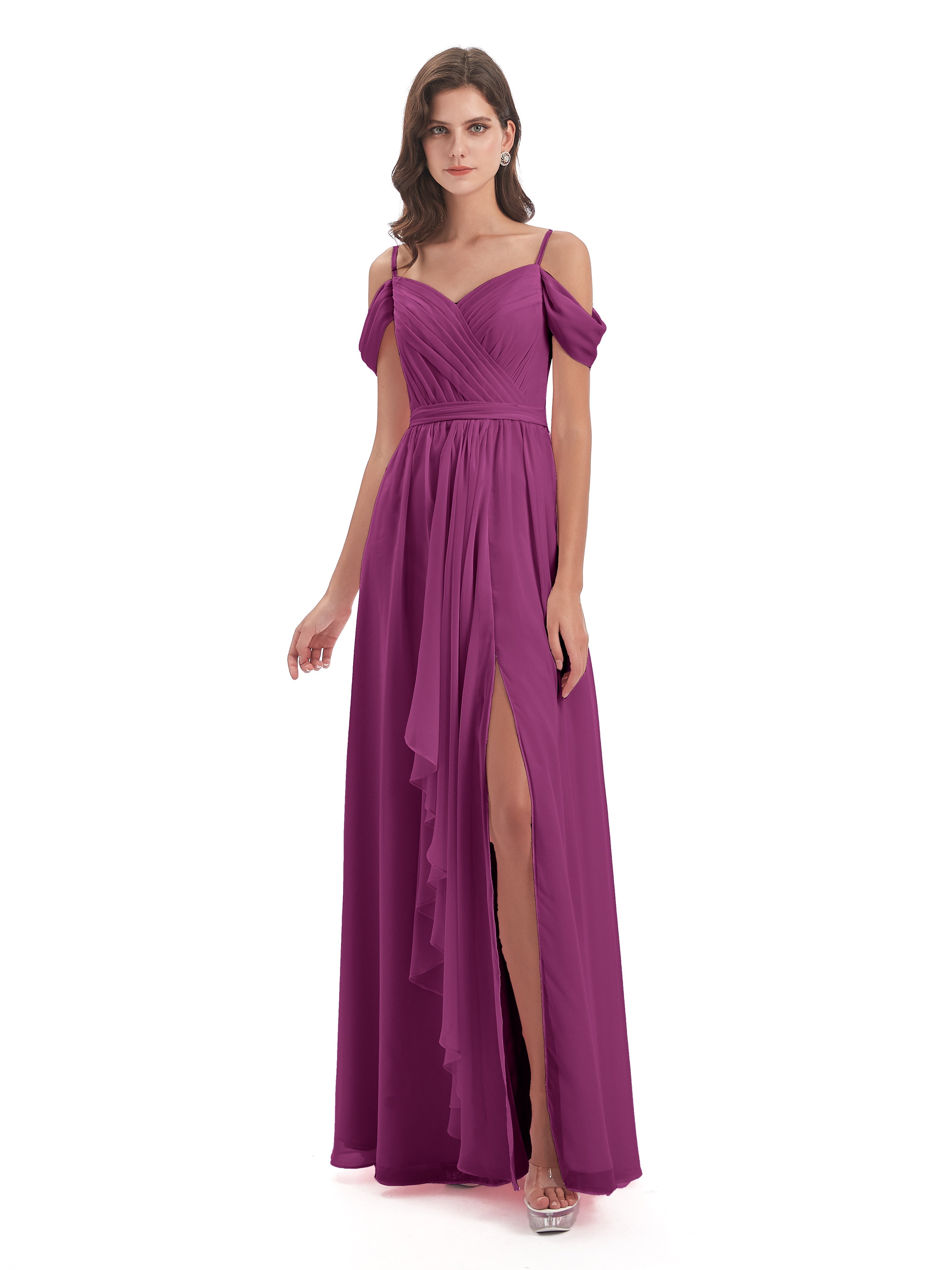 Robes De Demoiselle D'Honneur Orchidée Bretelles Spaghetti Fendue Plis Robes Demoiselle D'Honneur