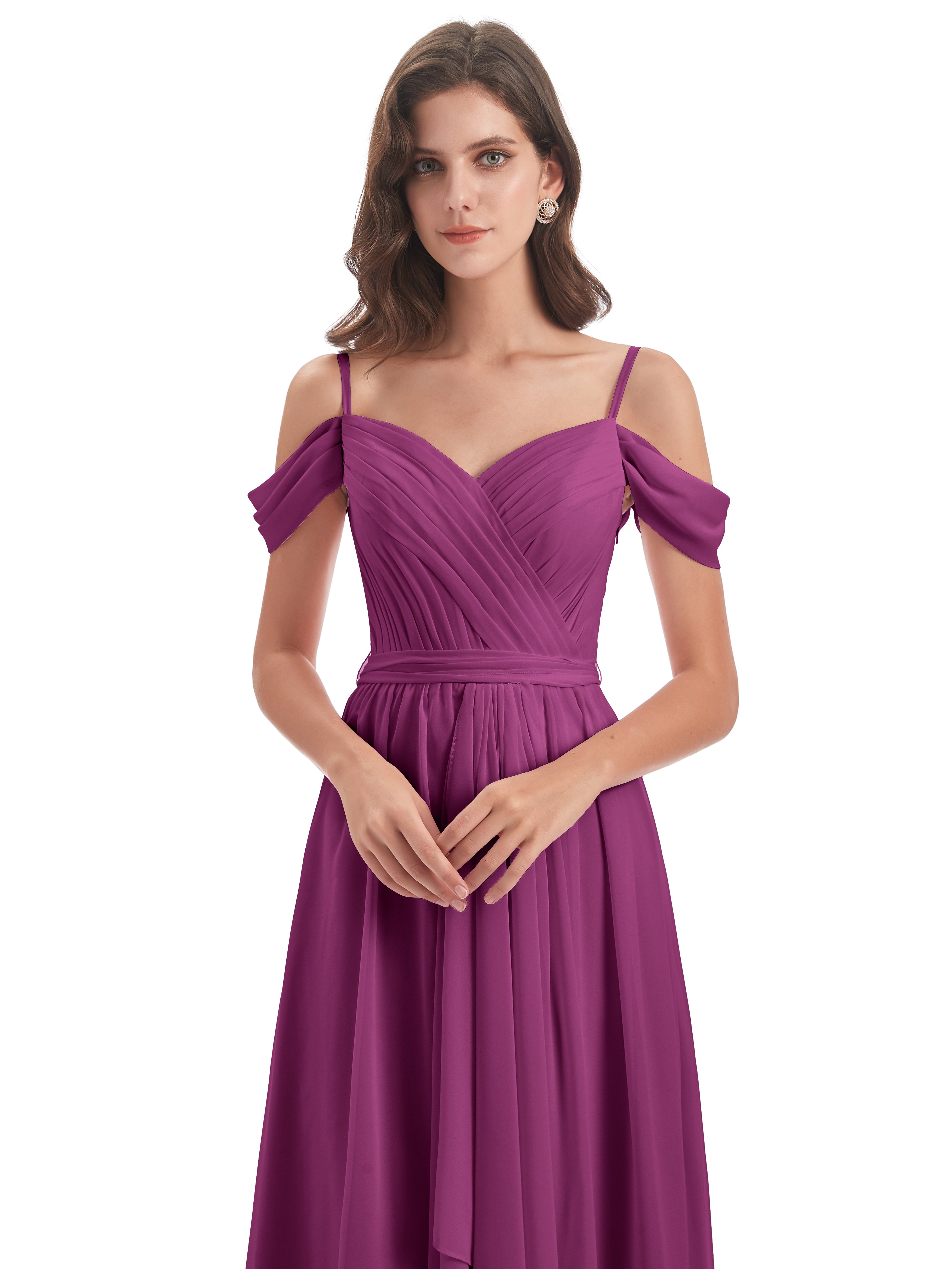 Robes De Demoiselle D'Honneur Orchidée Bretelles Spaghetti Fendue Plis Robes Demoiselle D'Honneur