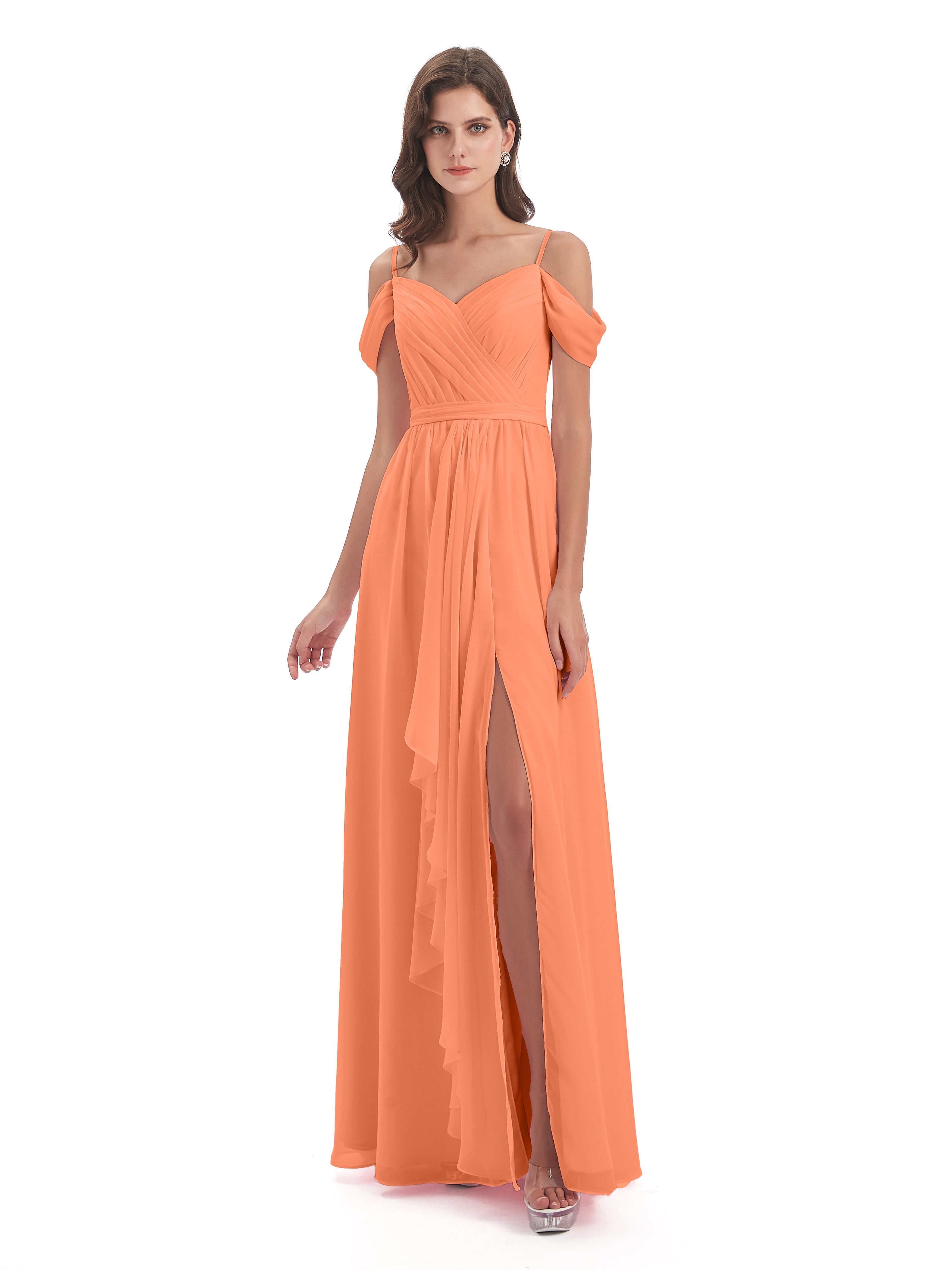 Robes De Demoiselle D'Honneur Papaye Bretelles Spaghetti Fendue Plis Robes Demoiselle D'Honneur