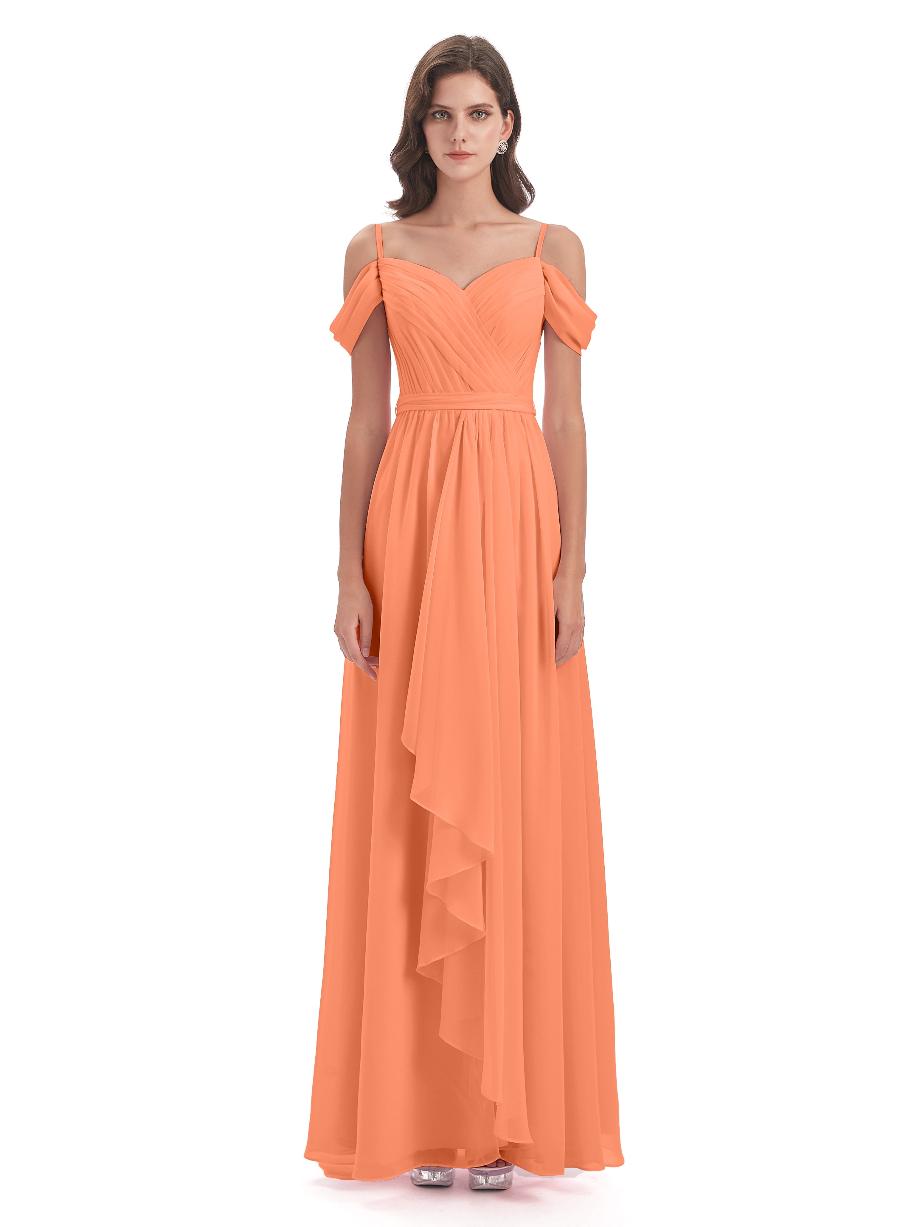 Robes De Demoiselle D'Honneur Papaye Bretelles Spaghetti Fendue Plis Robes Demoiselle D'Honneur