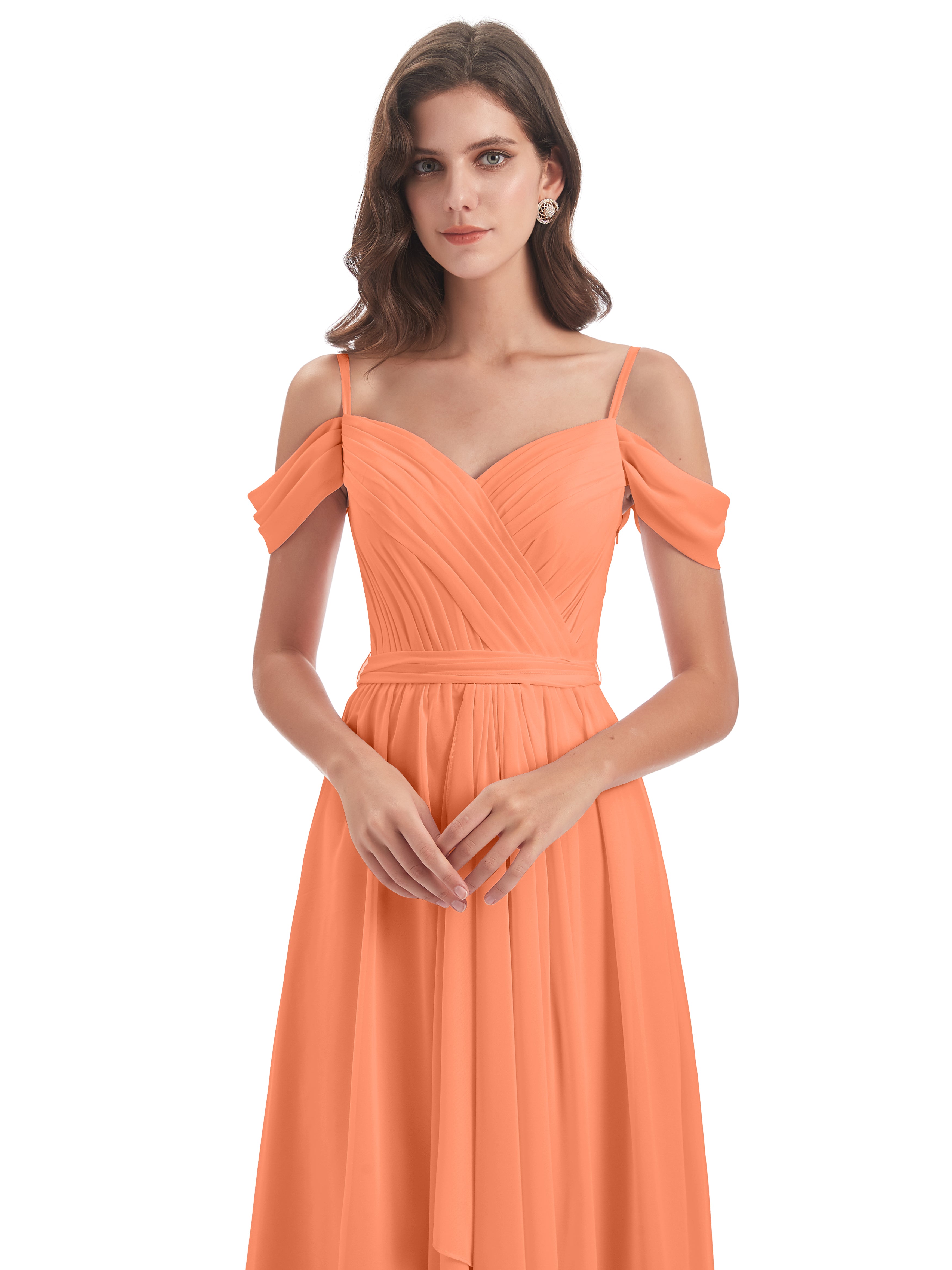 Robes De Demoiselle D'Honneur Papaye Bretelles Spaghetti Fendue Plis Robes Demoiselle D'Honneur