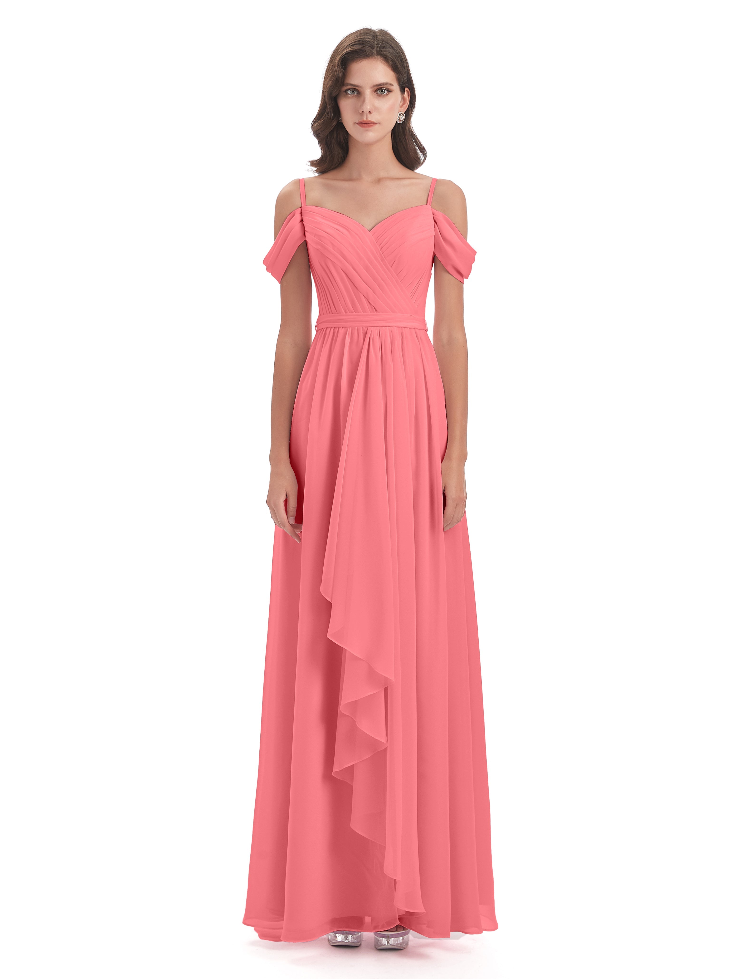 Robes De Demoiselle D'Honneur Pastèque Bretelles Spaghetti Fendue Plis Robes Demoiselle D'Honneur