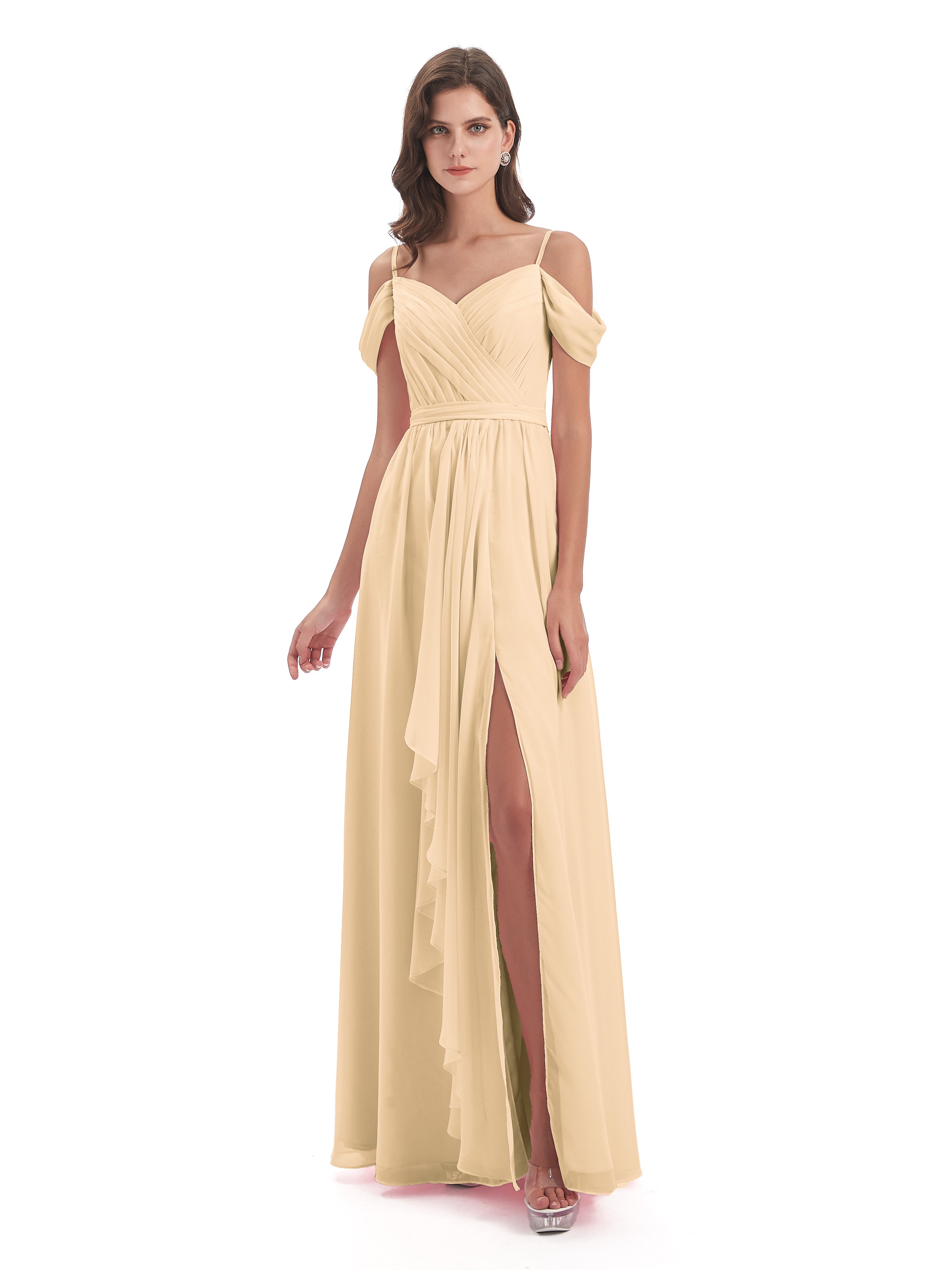 Robe Demoiselle D Honneur Pêche Bretelles Spaghetti Fendue Plis Robes Demoiselle D'Honneur