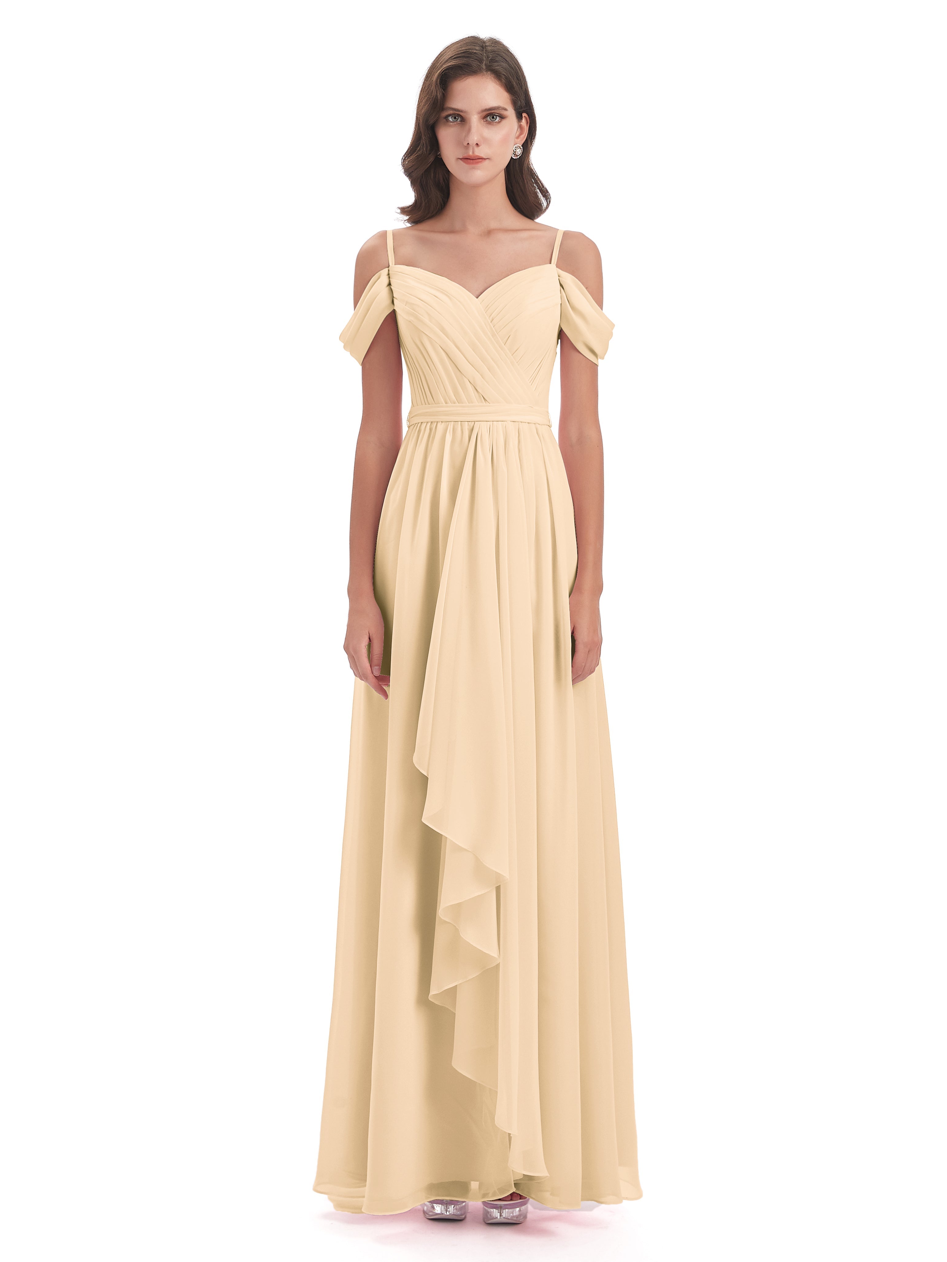 Robe Demoiselle D Honneur Pêche Bretelles Spaghetti Fendue Plis Robes Demoiselle D'Honneur