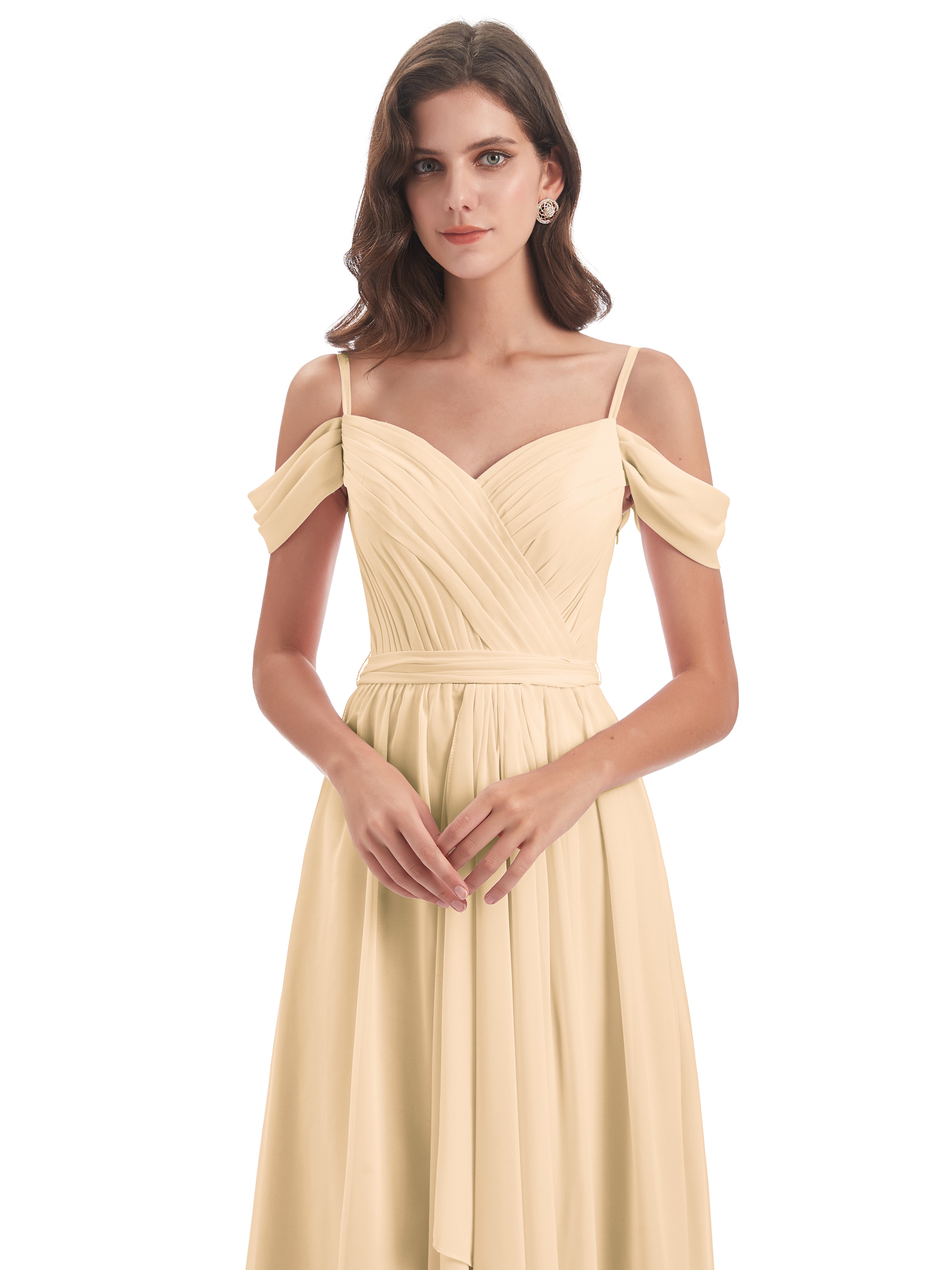 Robe Demoiselle D Honneur Pêche Bretelles Spaghetti Fendue Plis Robes Demoiselle D'Honneur
