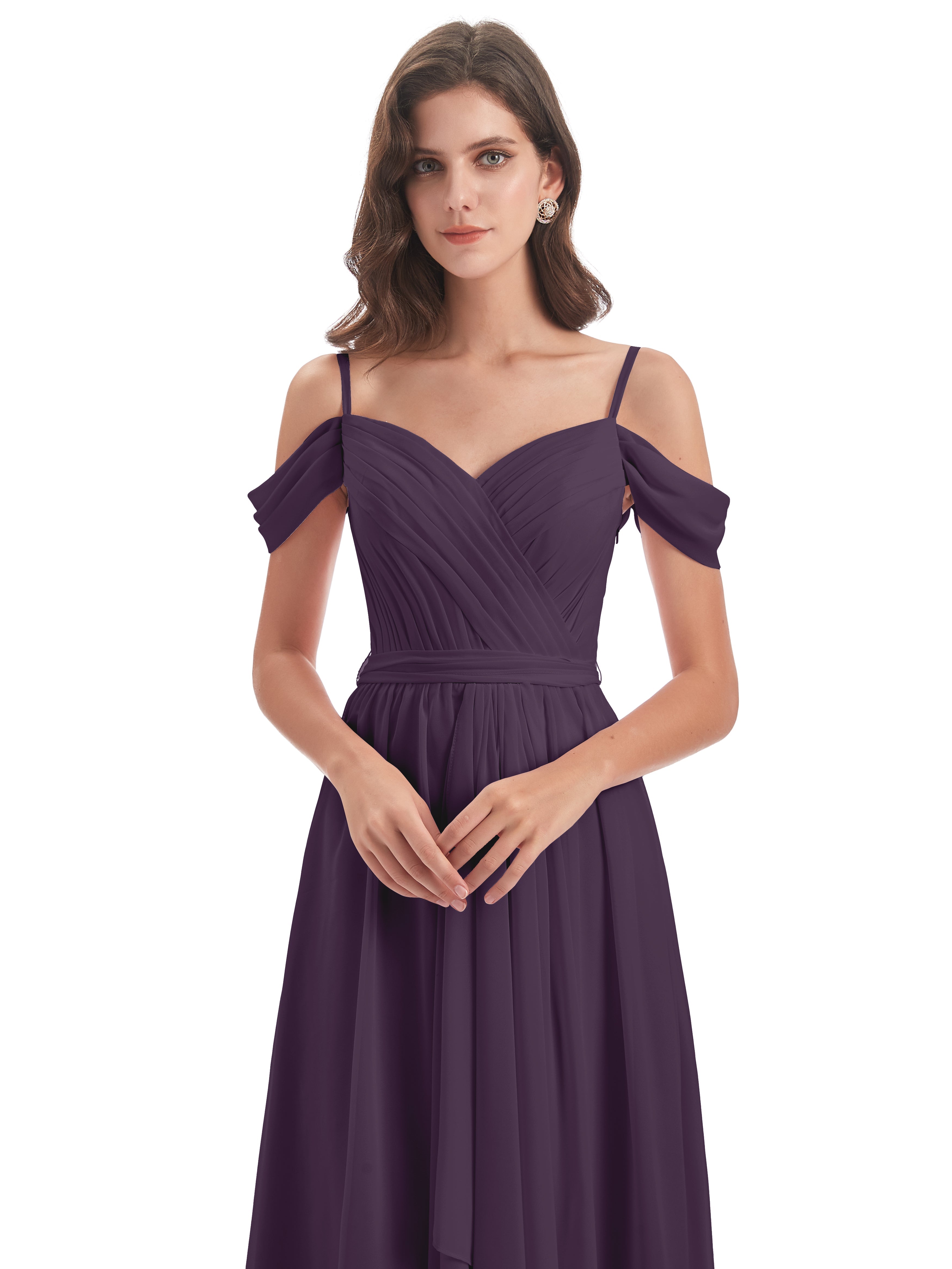 Robe Demoiselle D Honneur Plume Bretelles Spaghetti Fendue Plis Robes Demoiselle D'Honneur