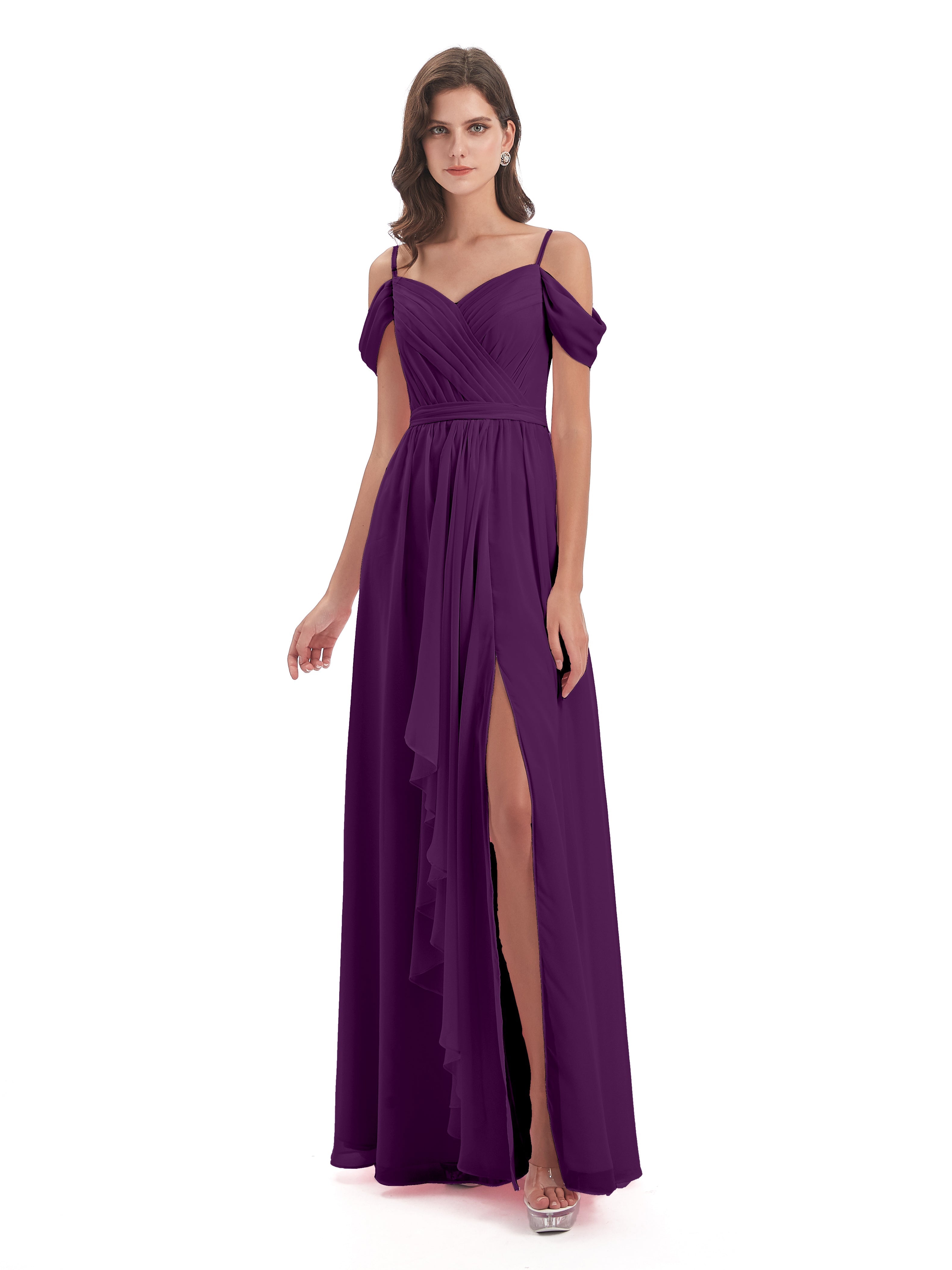 Robes De Demoiselle D'Honneur En Raisin Bretelles Spaghetti Fendue Plis Robes Demoiselle D'Honneur