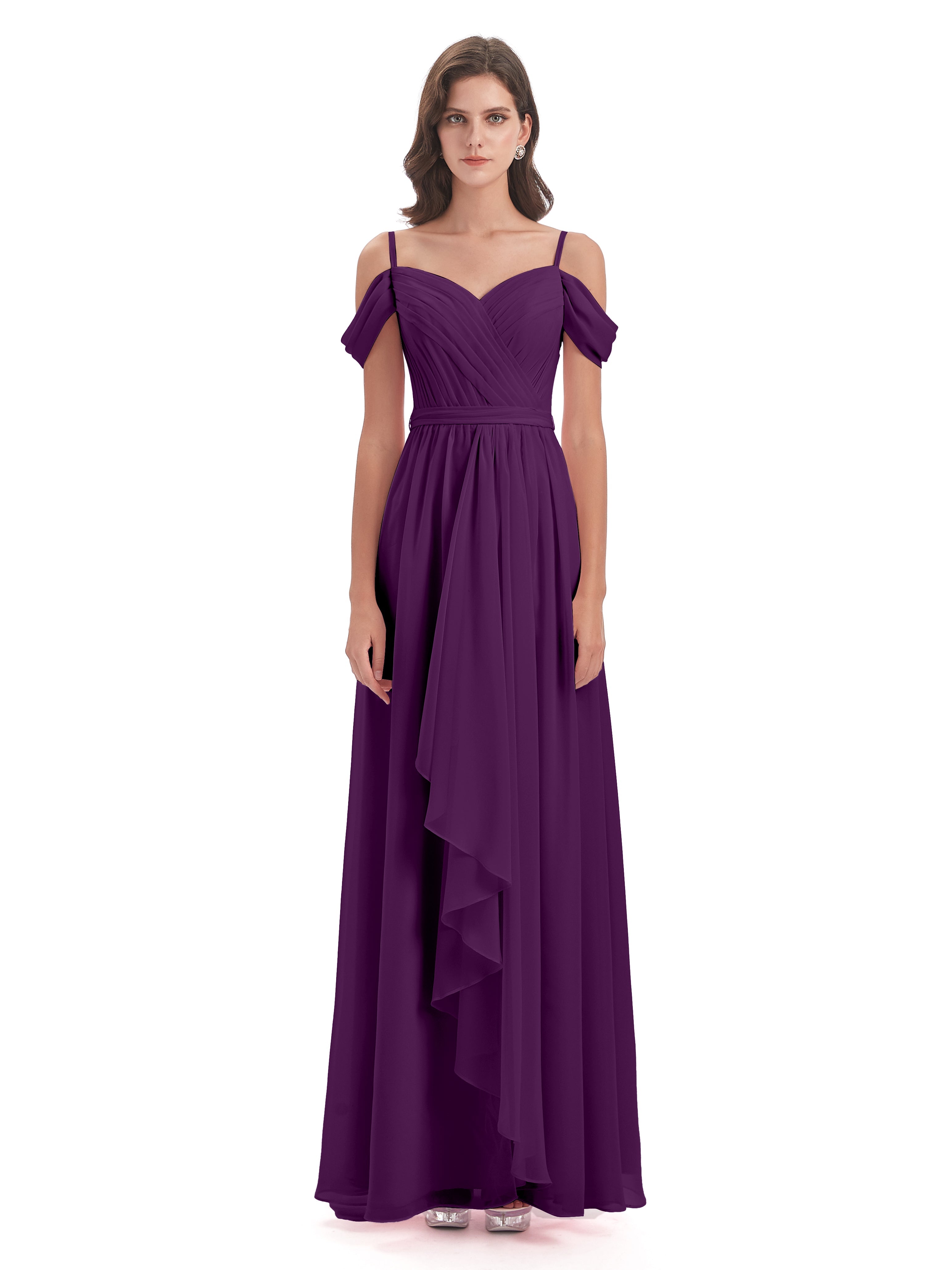 Robes De Demoiselle D'Honneur En Raisin Bretelles Spaghetti Fendue Plis Robes Demoiselle D'Honneur