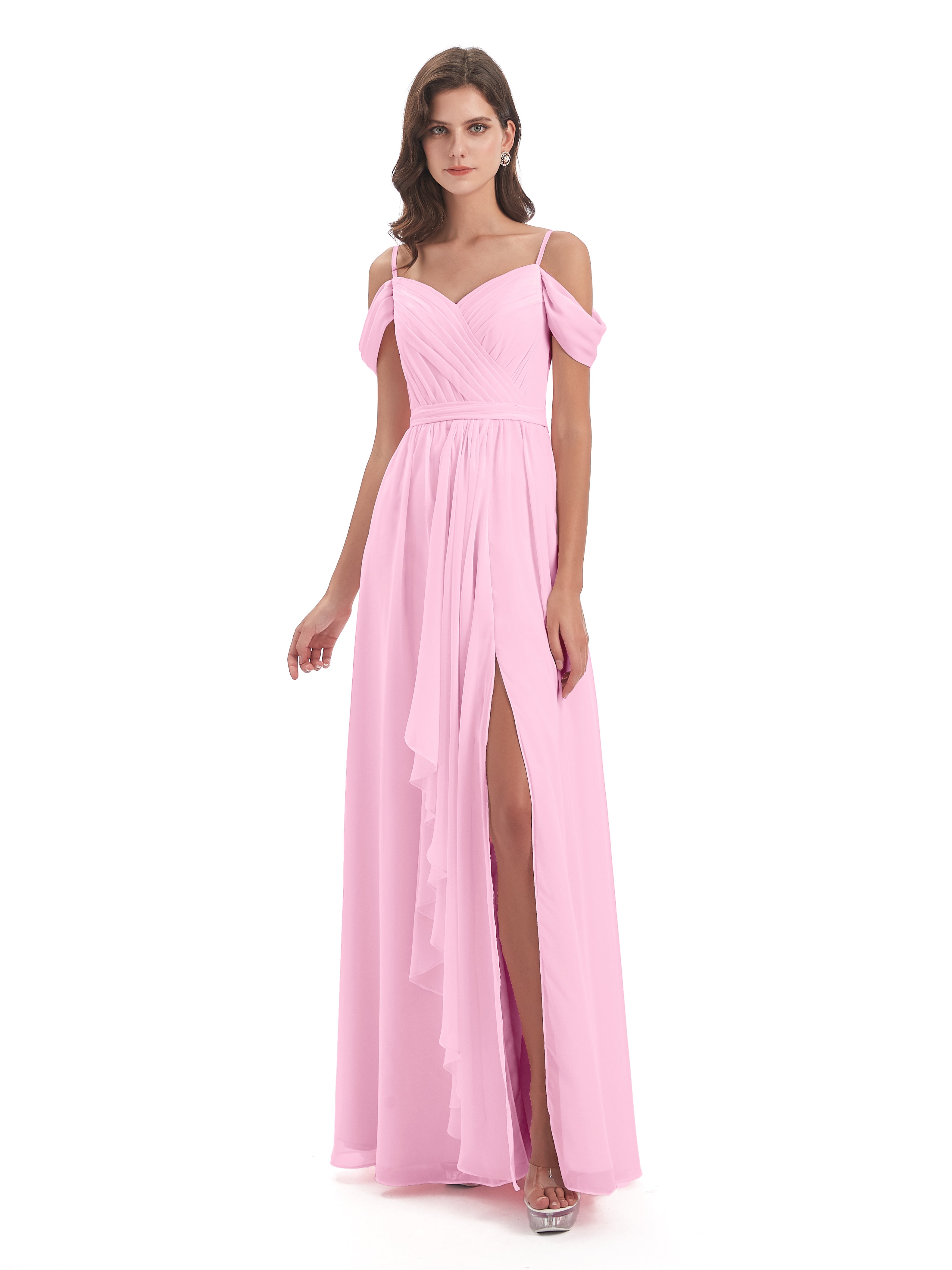 Robe Demoiselle D Honneur Rose Bonbon Bretelles Spaghetti Fendue Plis Robes Demoiselle D'Honneur