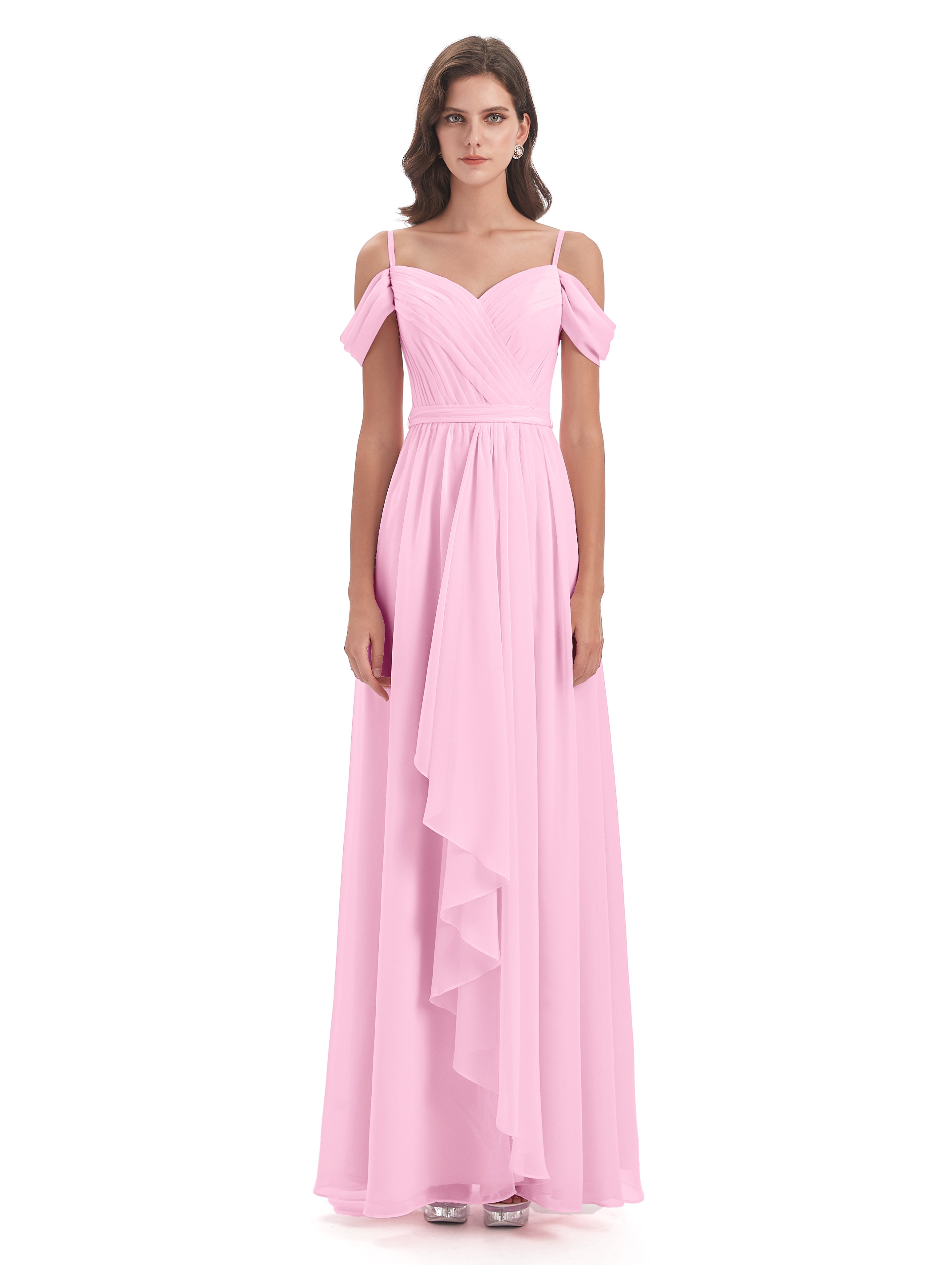 Robe Demoiselle D Honneur Rose Bonbon Bretelles Spaghetti Fendue Plis Robes Demoiselle D'Honneur