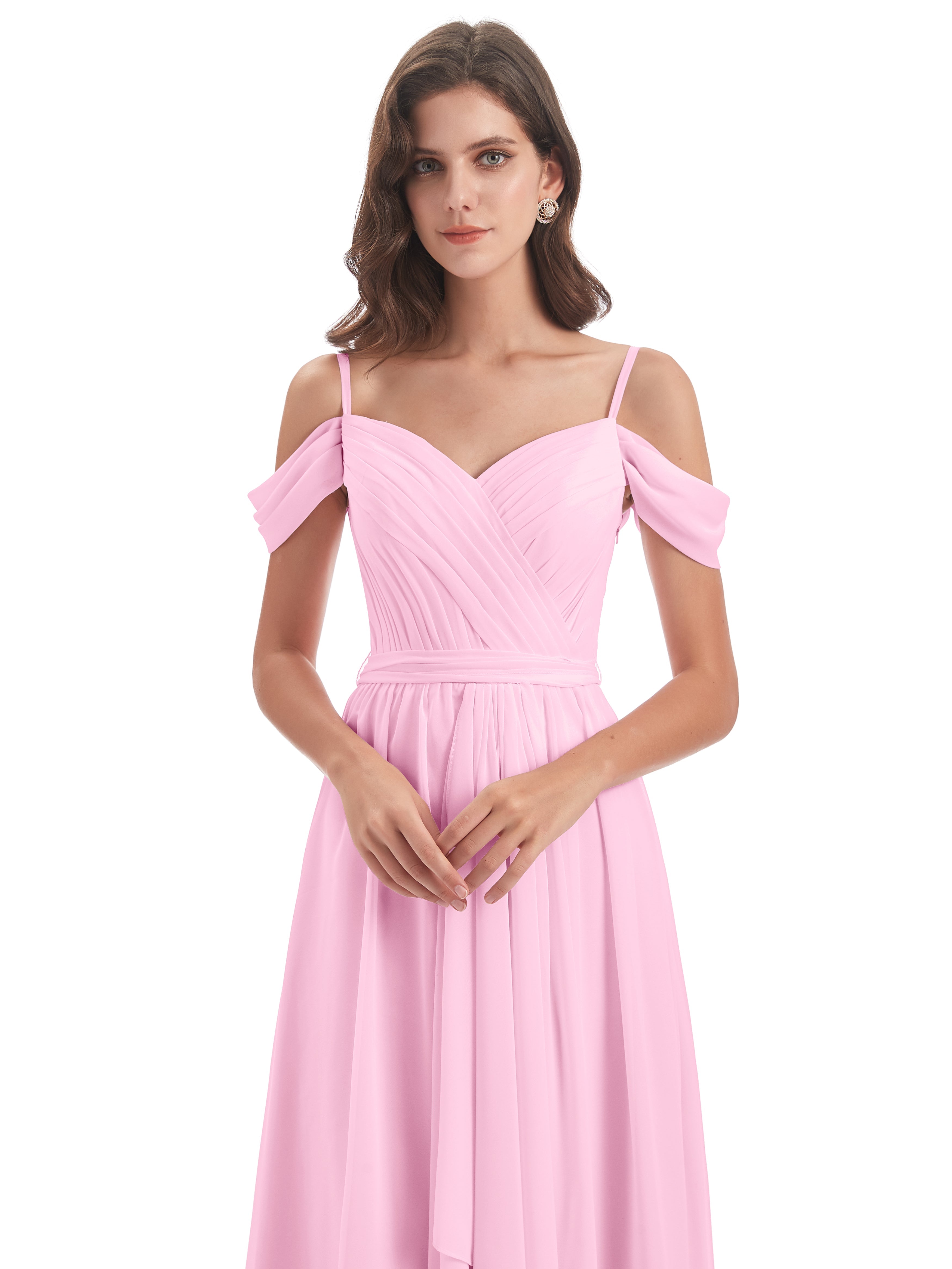 Robe Demoiselle D Honneur Rose Bonbon Bretelles Spaghetti Fendue Plis Robes Demoiselle D'Honneur