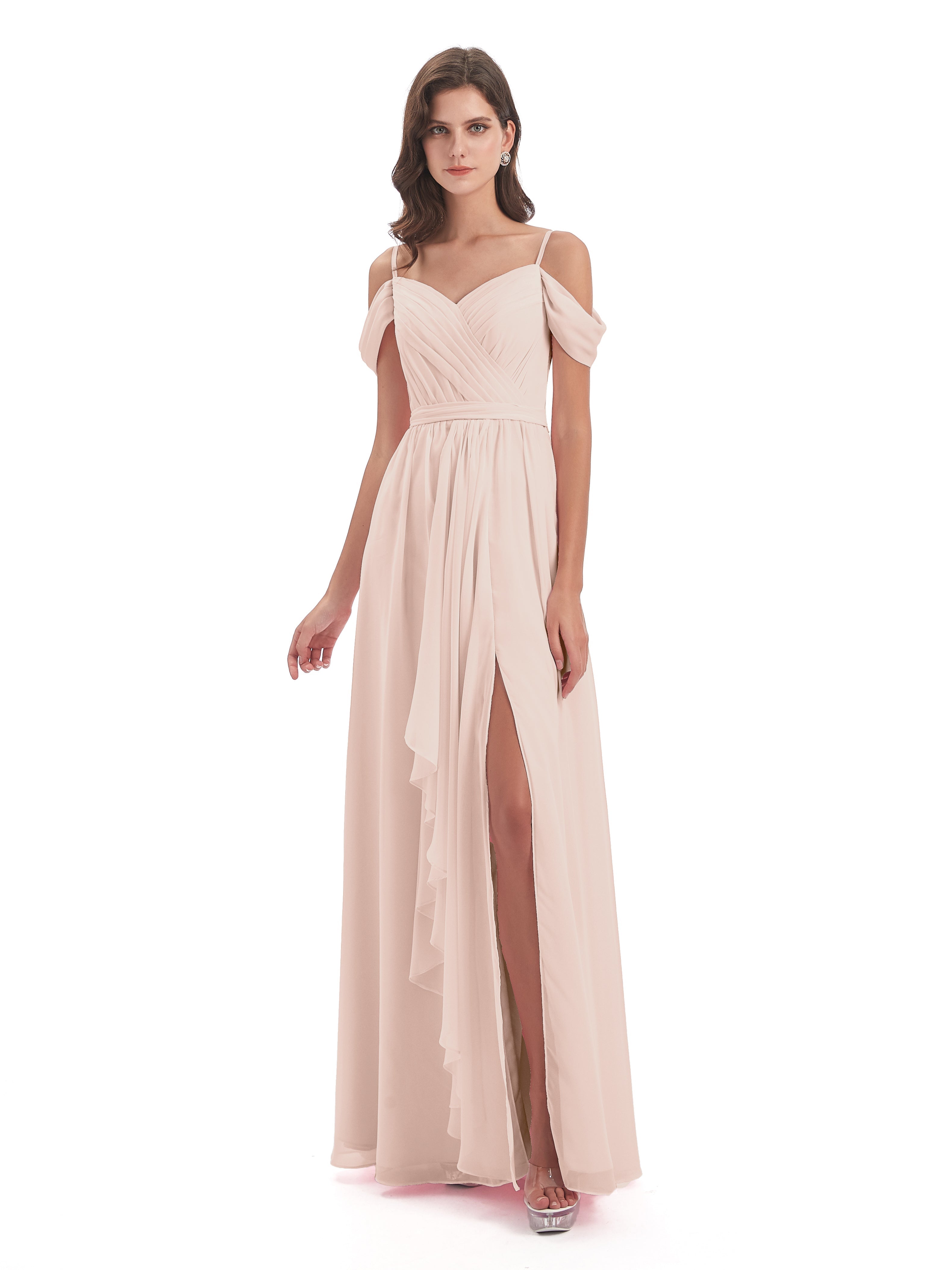 Robe Demoiselle D Honneur Rose Perle Bretelles Spaghetti Fendue Plis Robes Demoiselle D'Honneur