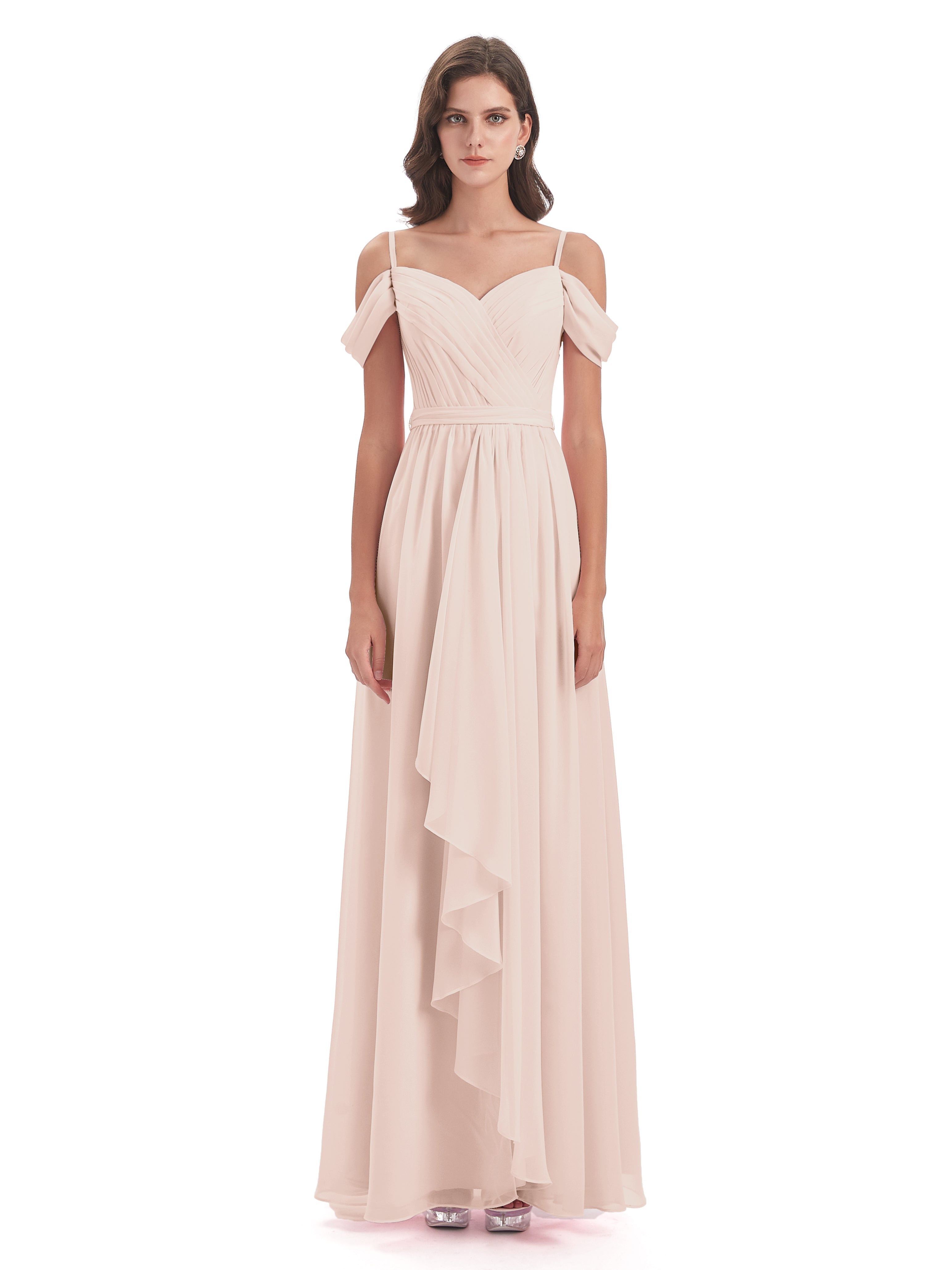 Robe Demoiselle D Honneur Rose Perle Bretelles Spaghetti Fendue Plis Robes Demoiselle D'Honneur