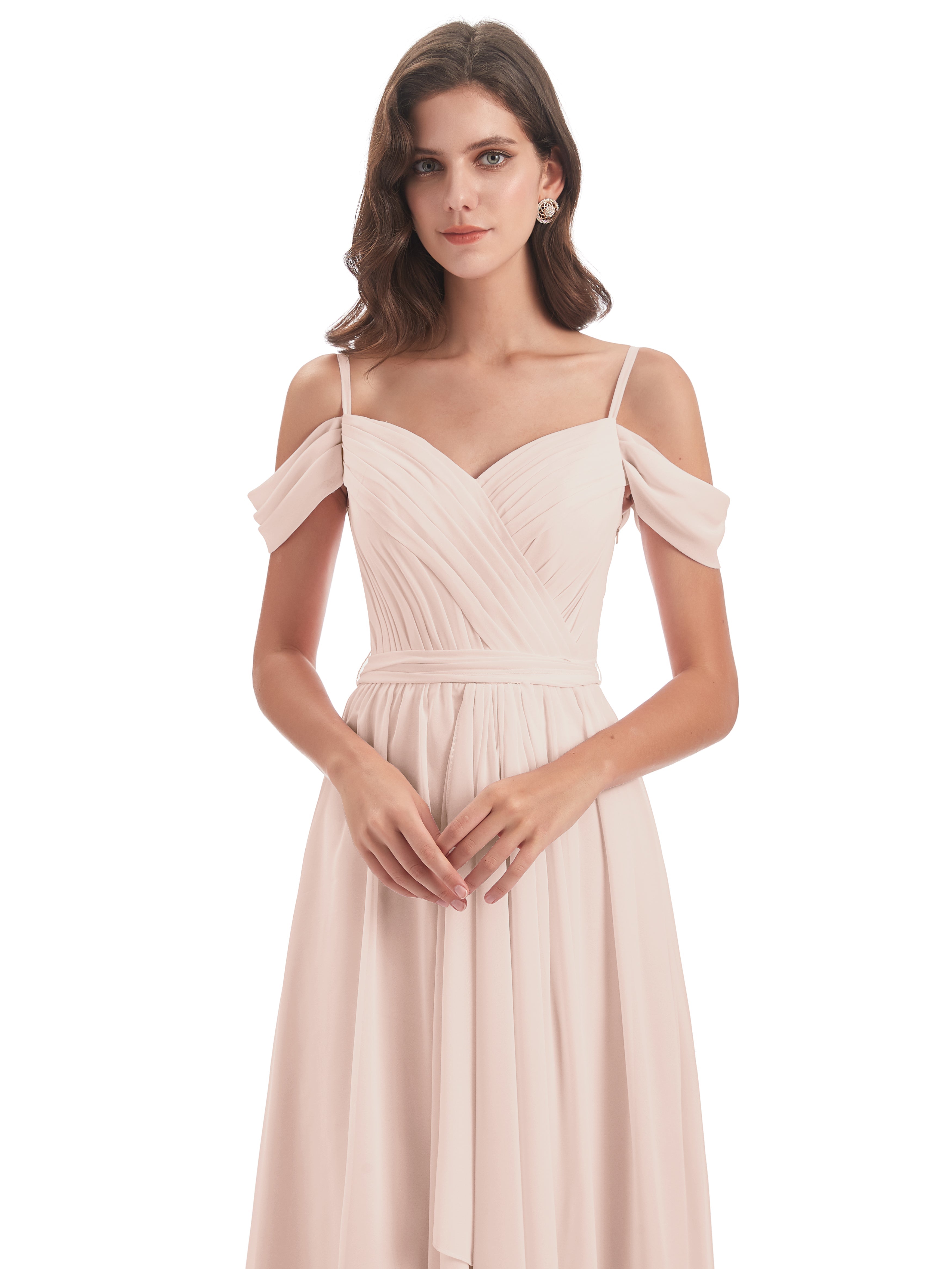 Robe Demoiselle D Honneur Rose Perle Bretelles Spaghetti Fendue Plis Robes Demoiselle D'Honneur