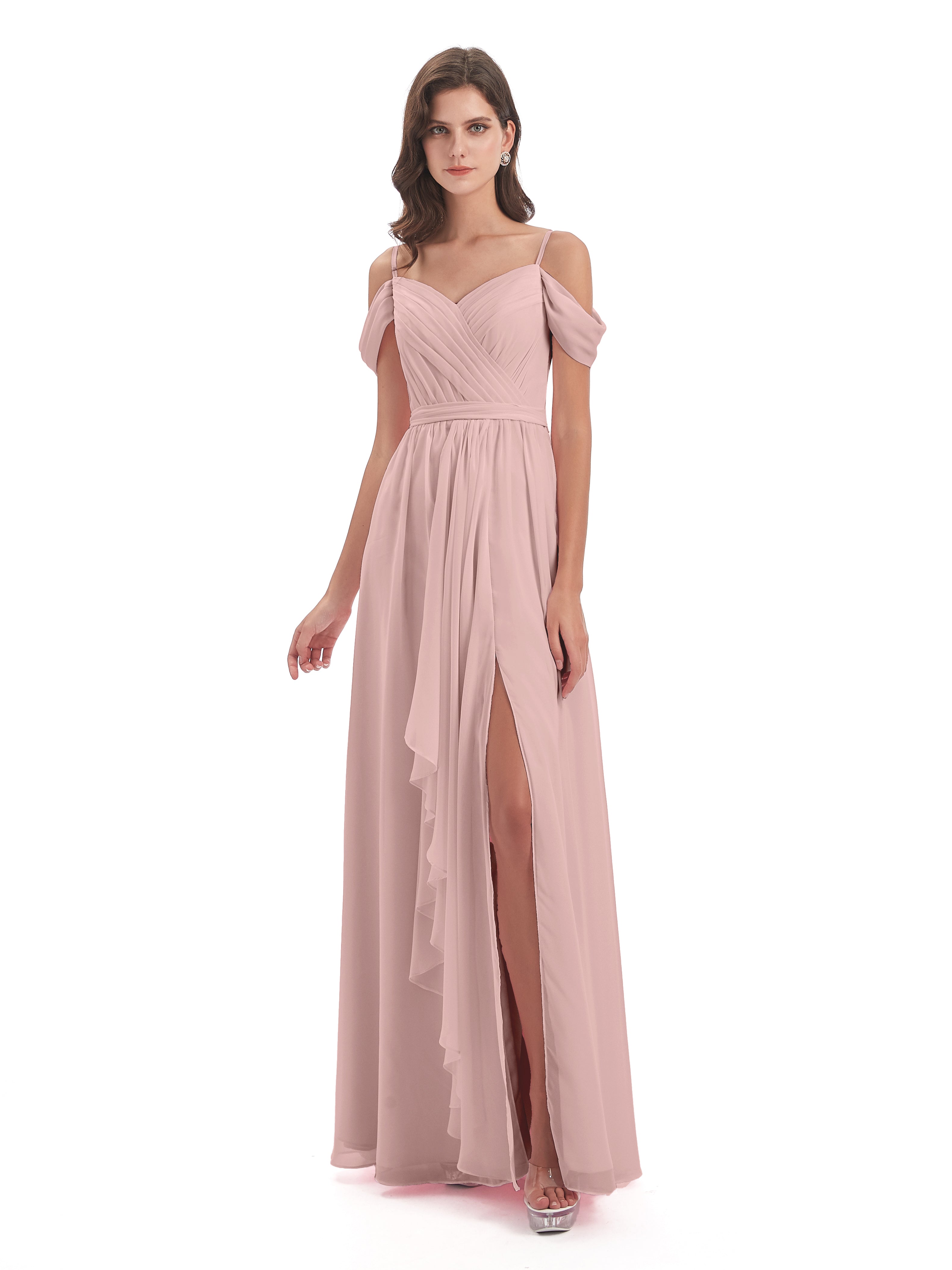 Robe Demoiselle D Honneur Rose Poudré Bretelles Spaghetti Fendue Plis Robes Demoiselle D'Honneur