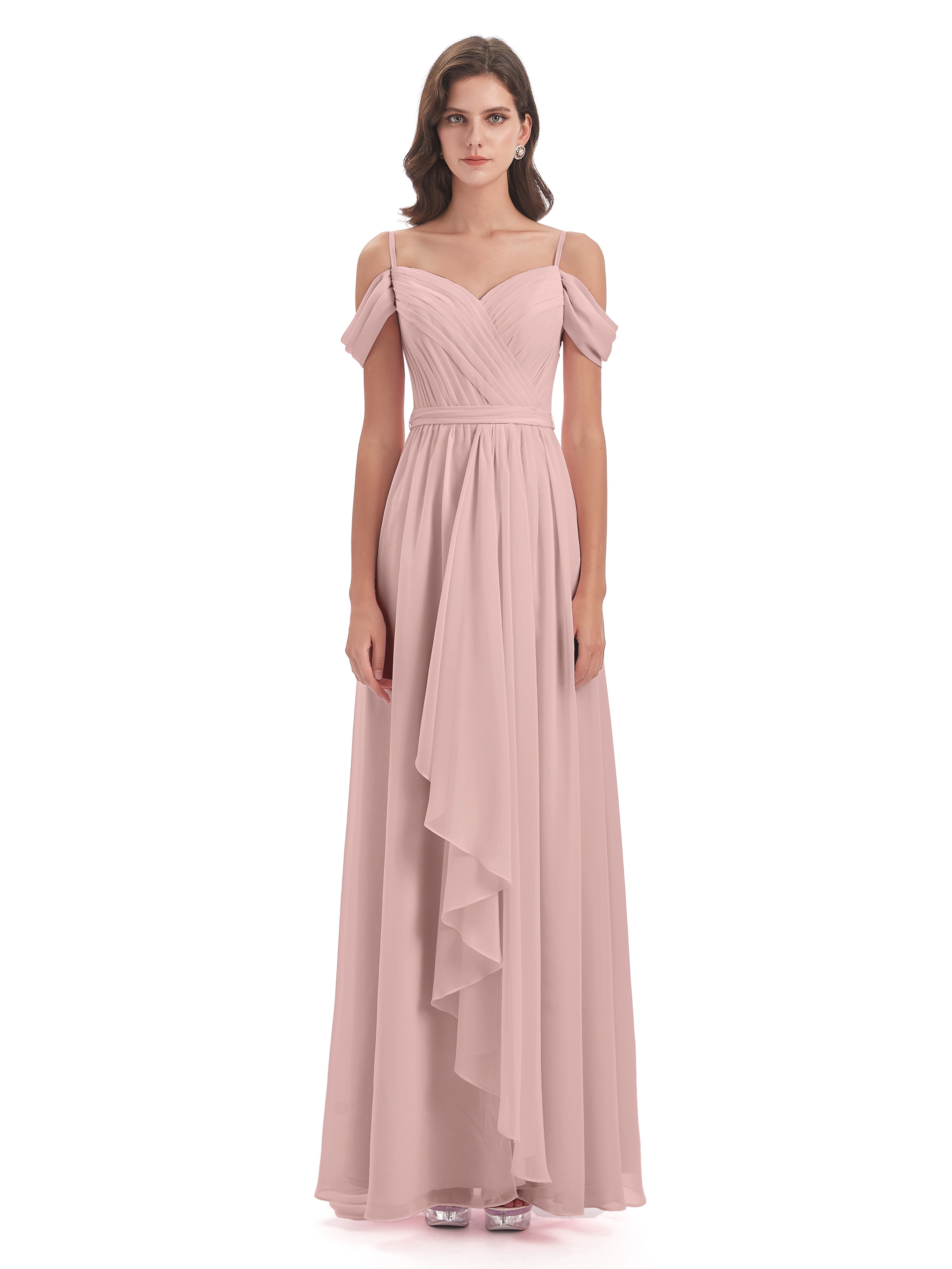 Robe Demoiselle D Honneur Rose Poudré Bretelles Spaghetti Fendue Plis Robes Demoiselle D'Honneur
