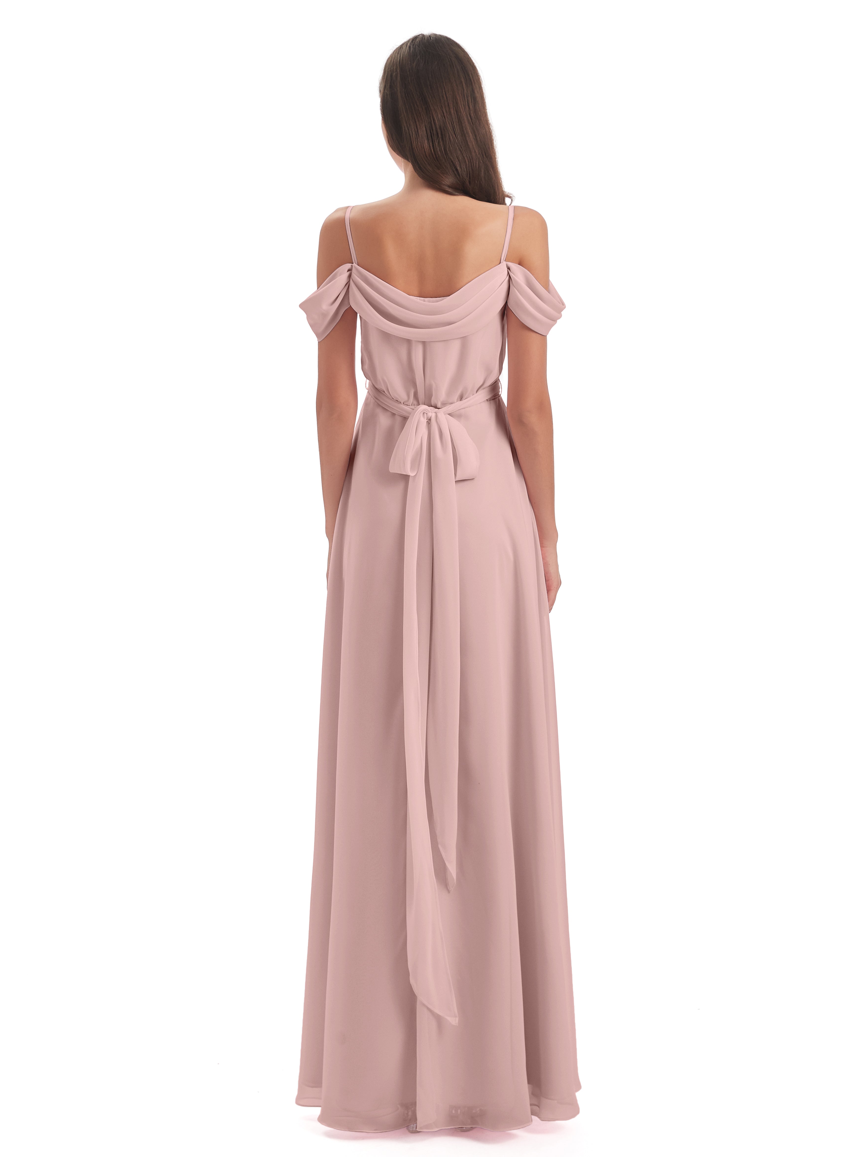 Robe Demoiselle D Honneur Rose Poudré Bretelles Spaghetti Fendue Plis Robes Demoiselle D'Honneur
