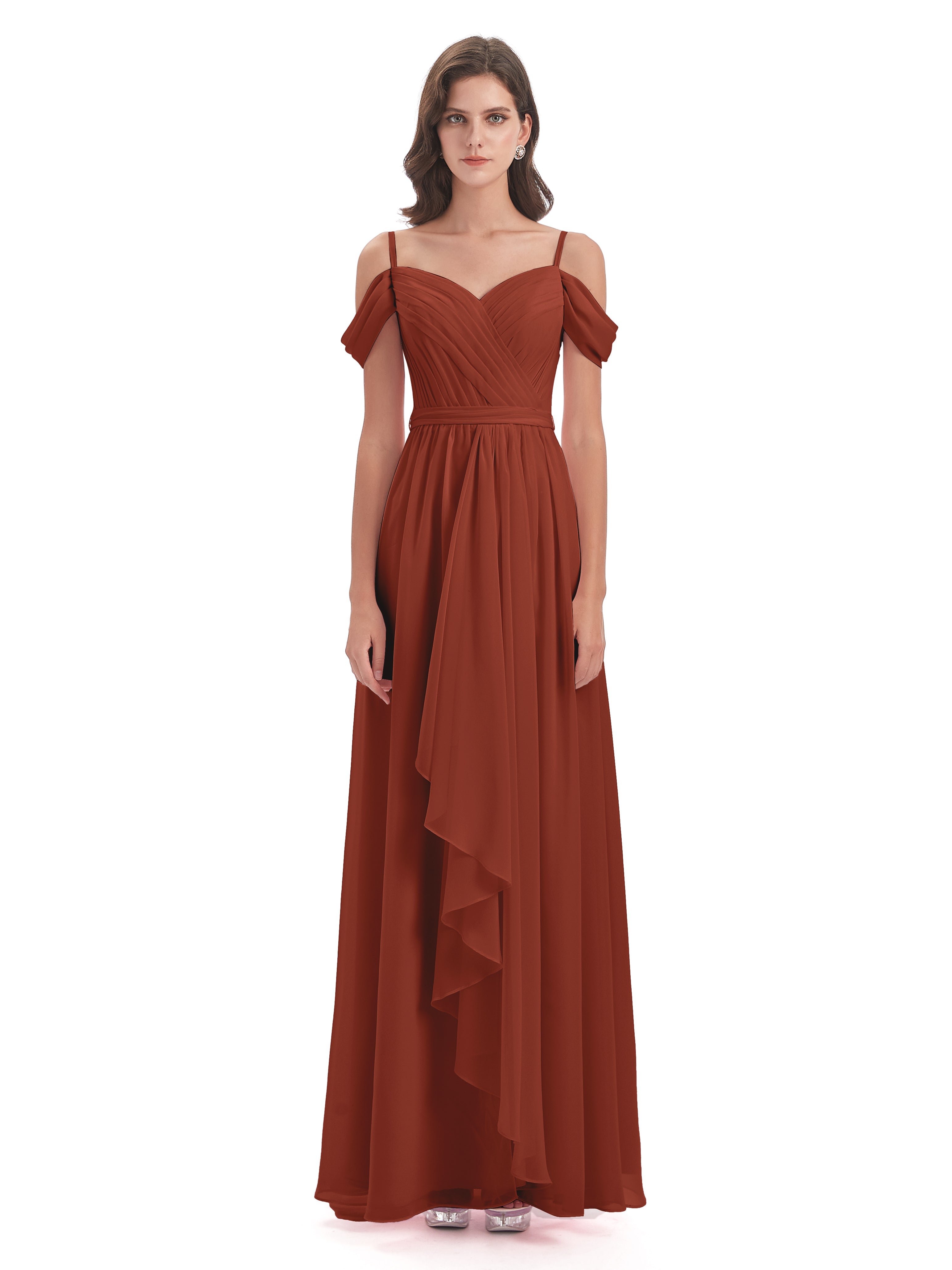 Robe De Demoiselle D'Honneur De Rouille Au Sol Bretelles Spaghetti Fendue Plis Robes Demoiselle D'Honneur